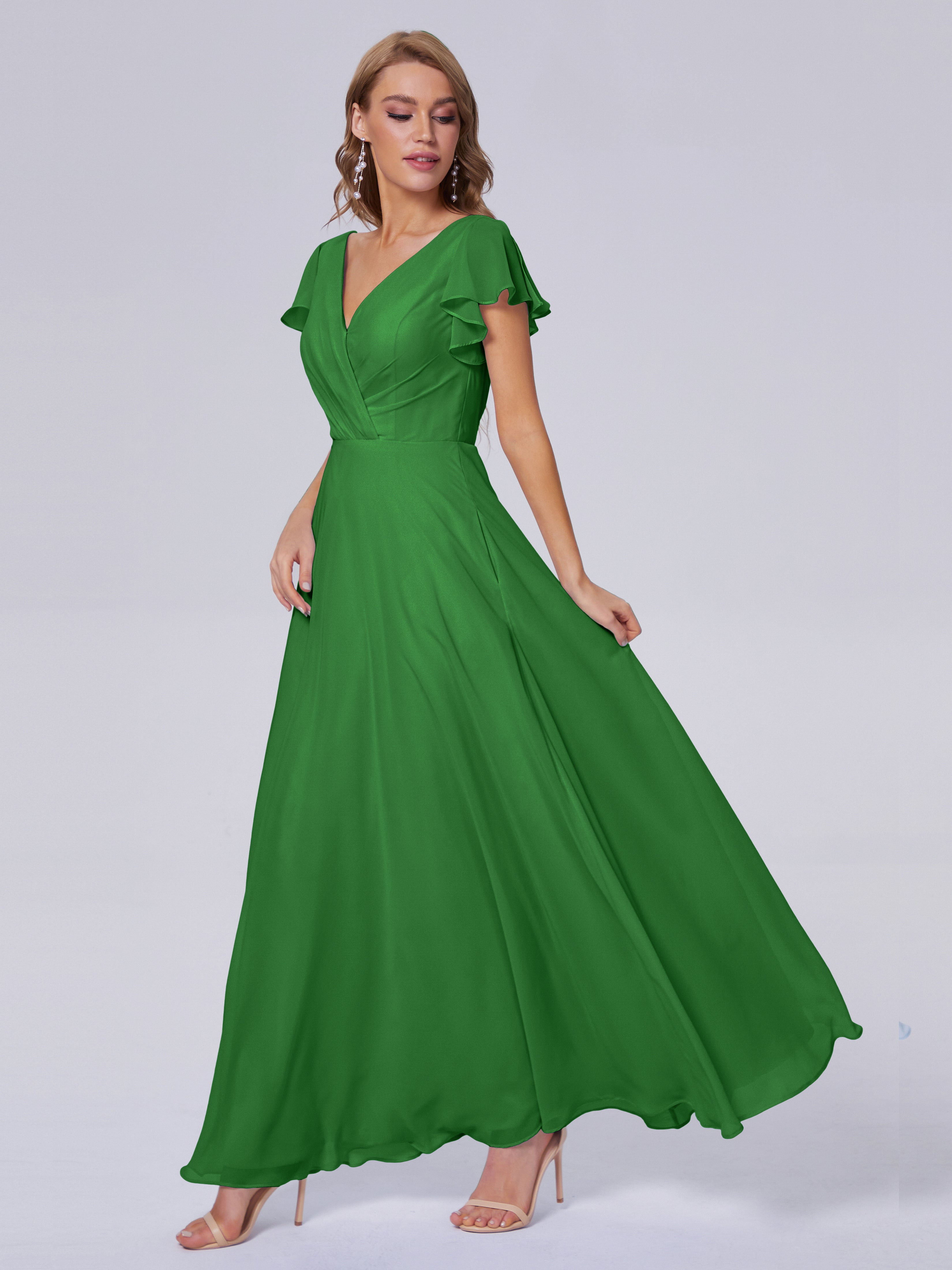 Robes De Demoiselle D'Honneur Vert Forêt Col V Mousseline Robes Demoiselle D'Honneur