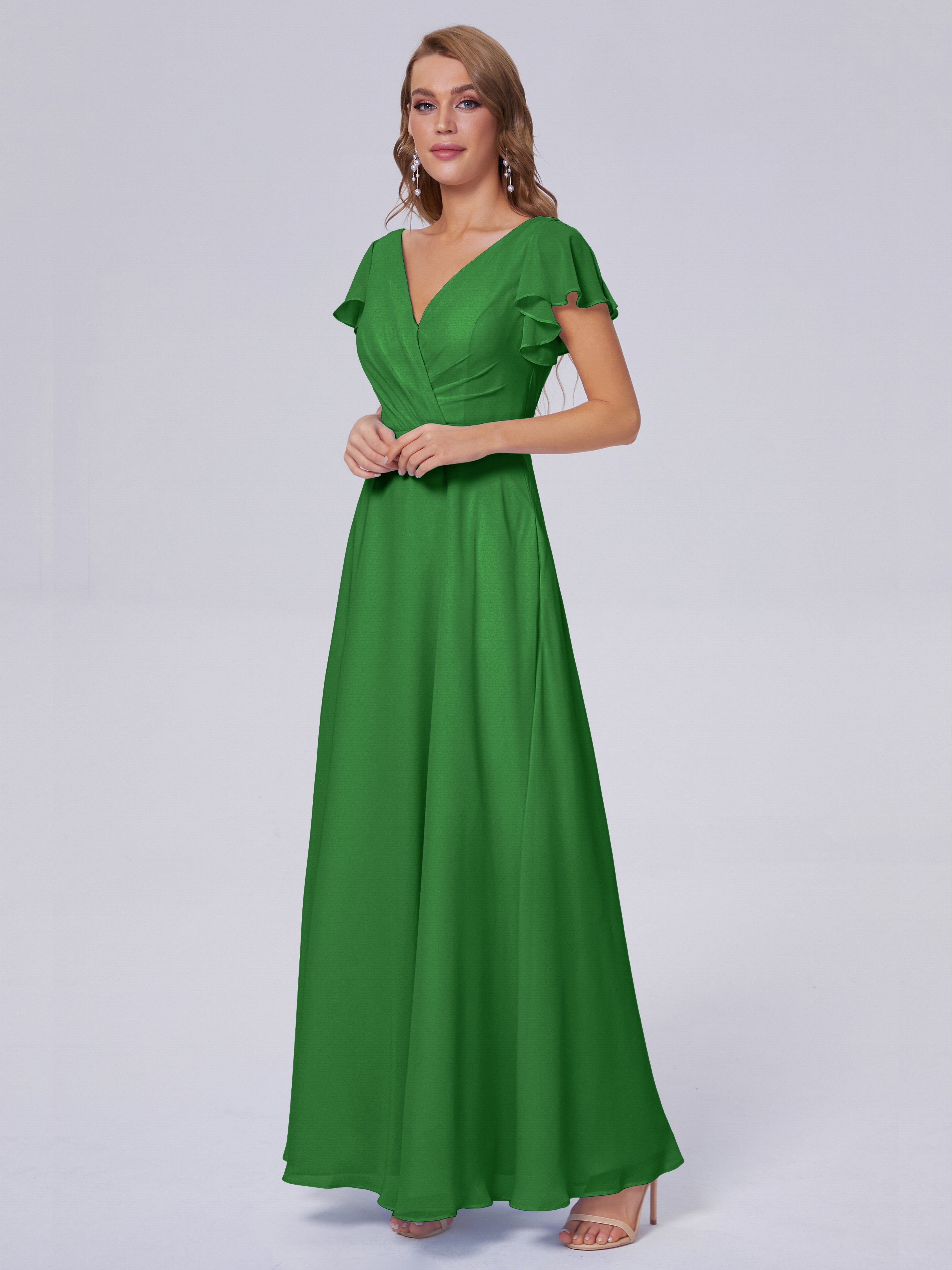 Robes De Demoiselle D'Honneur Vert Forêt Col V Mousseline Robes Demoiselle D'Honneur