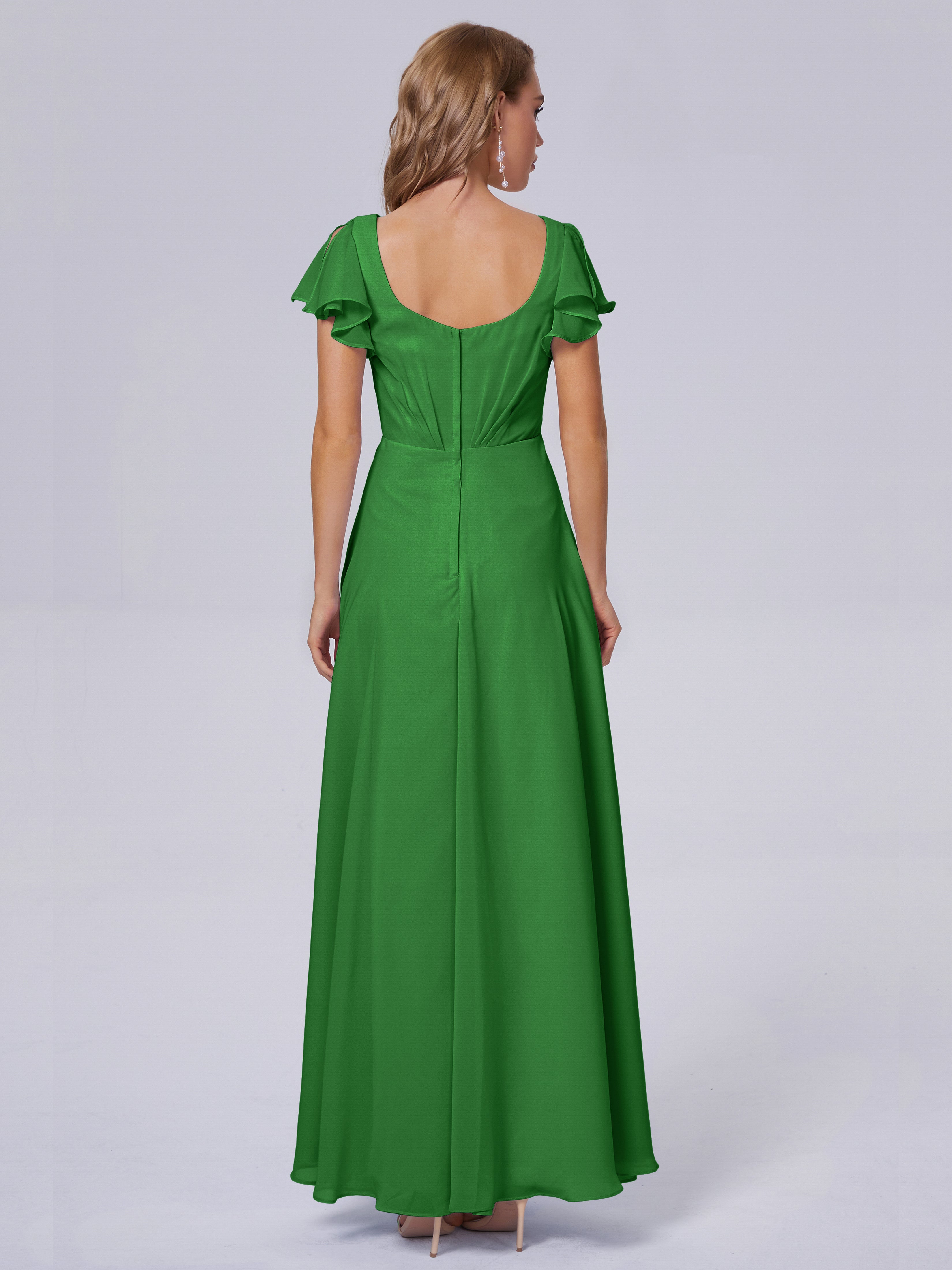 Robes De Demoiselle D'Honneur Vert Forêt Col V Mousseline Robes Demoiselle D'Honneur