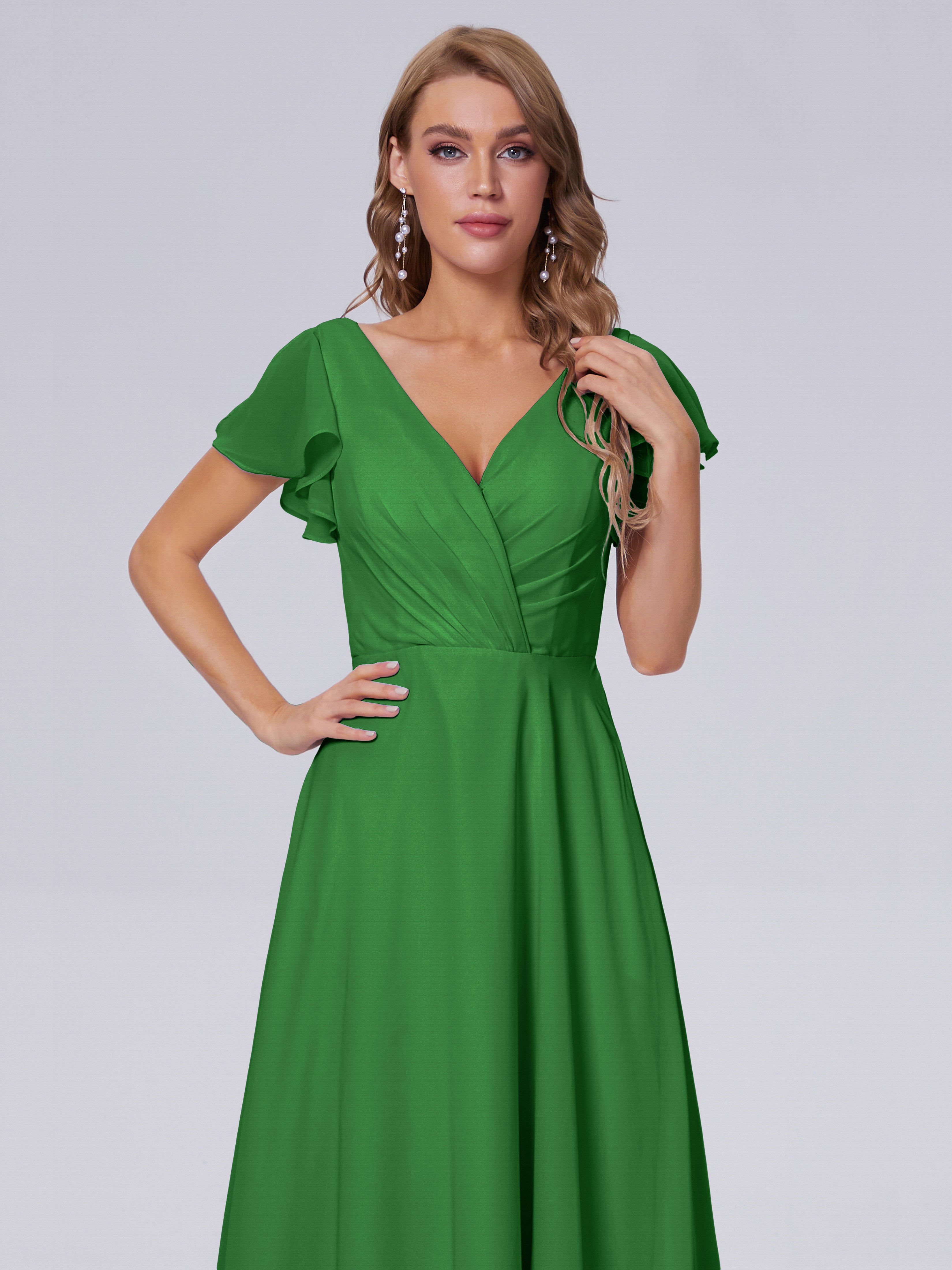 Robes De Demoiselle D'Honneur Vert Forêt Col V Mousseline Robes Demoiselle D'Honneur