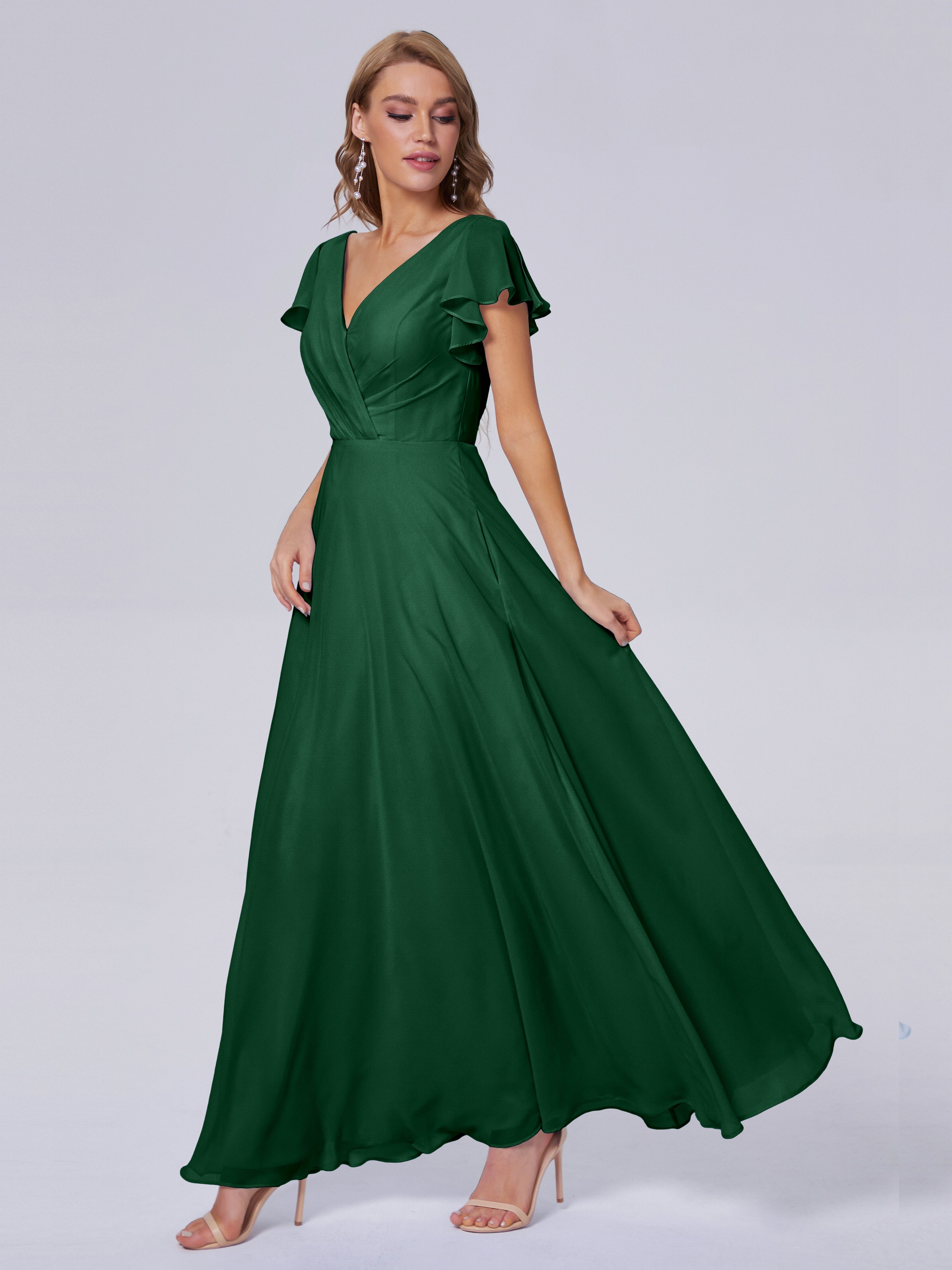 Robes De Demoiselle D'Honneur Vert Foncé Col V Mousseline Robes Demoiselle D'Honneur