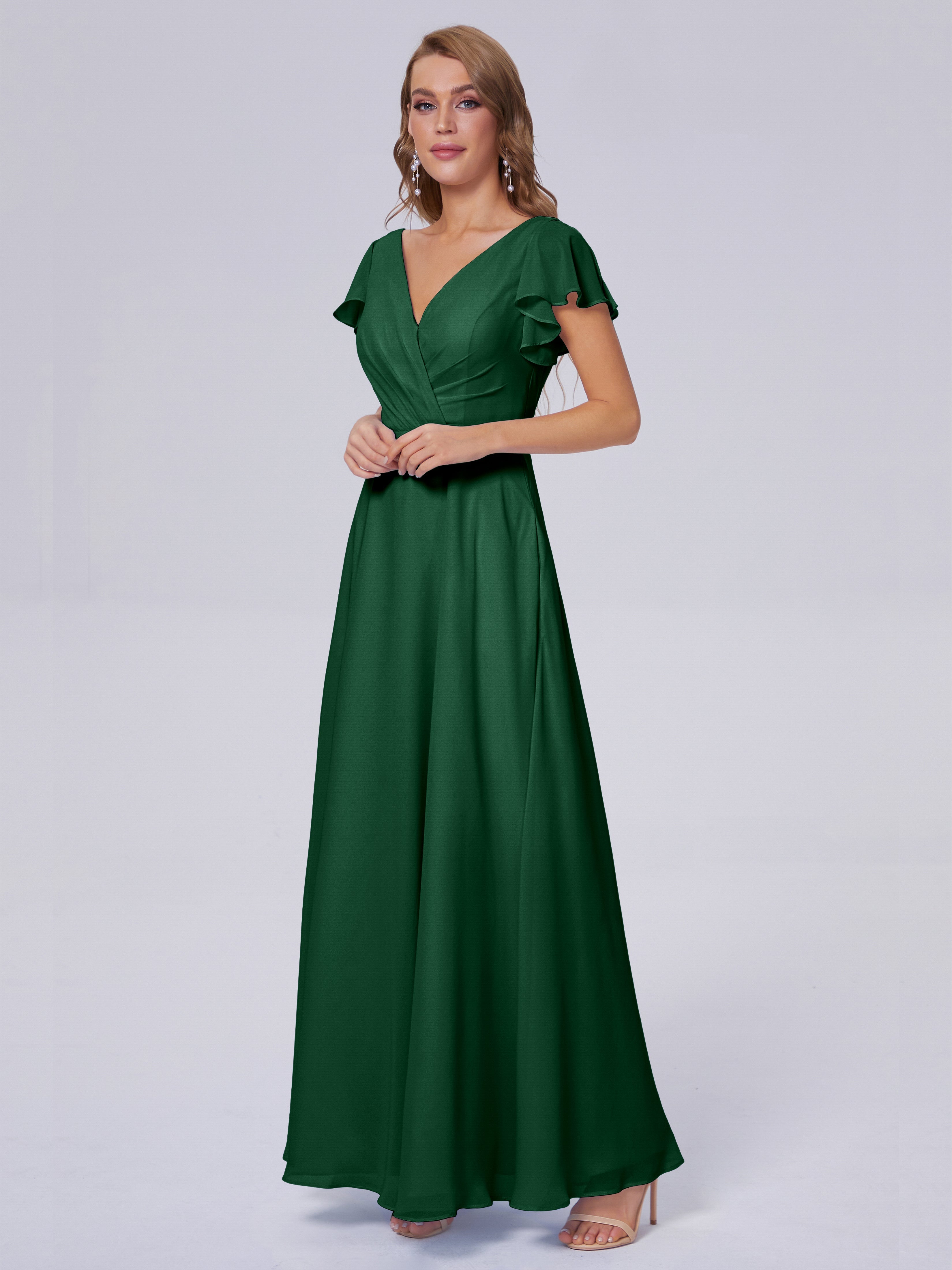 Robes De Demoiselle D'Honneur Vert Foncé Col V Mousseline Robes Demoiselle D'Honneur