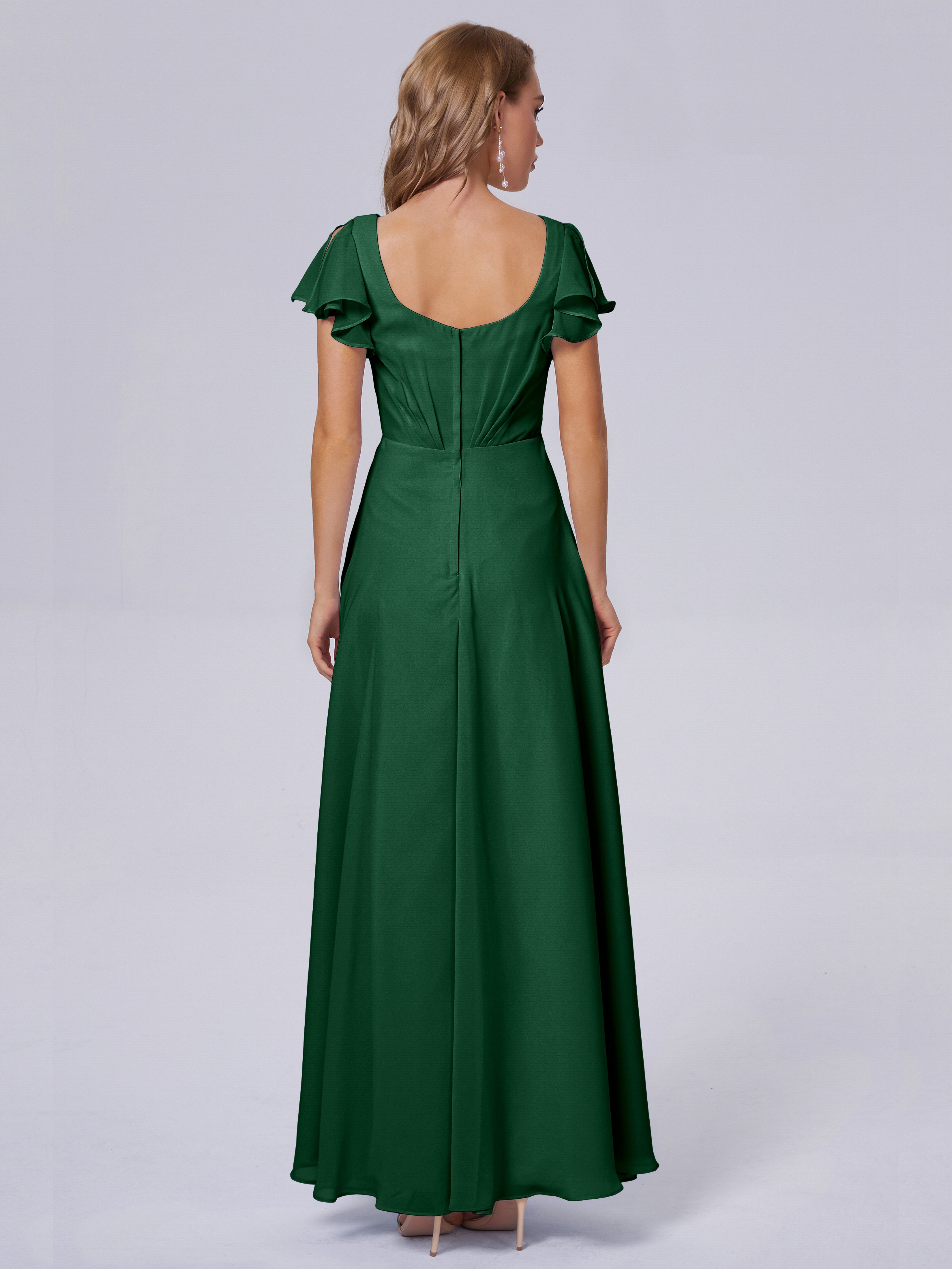 Robes De Demoiselle D'Honneur Vert Foncé Col V Mousseline Robes Demoiselle D'Honneur