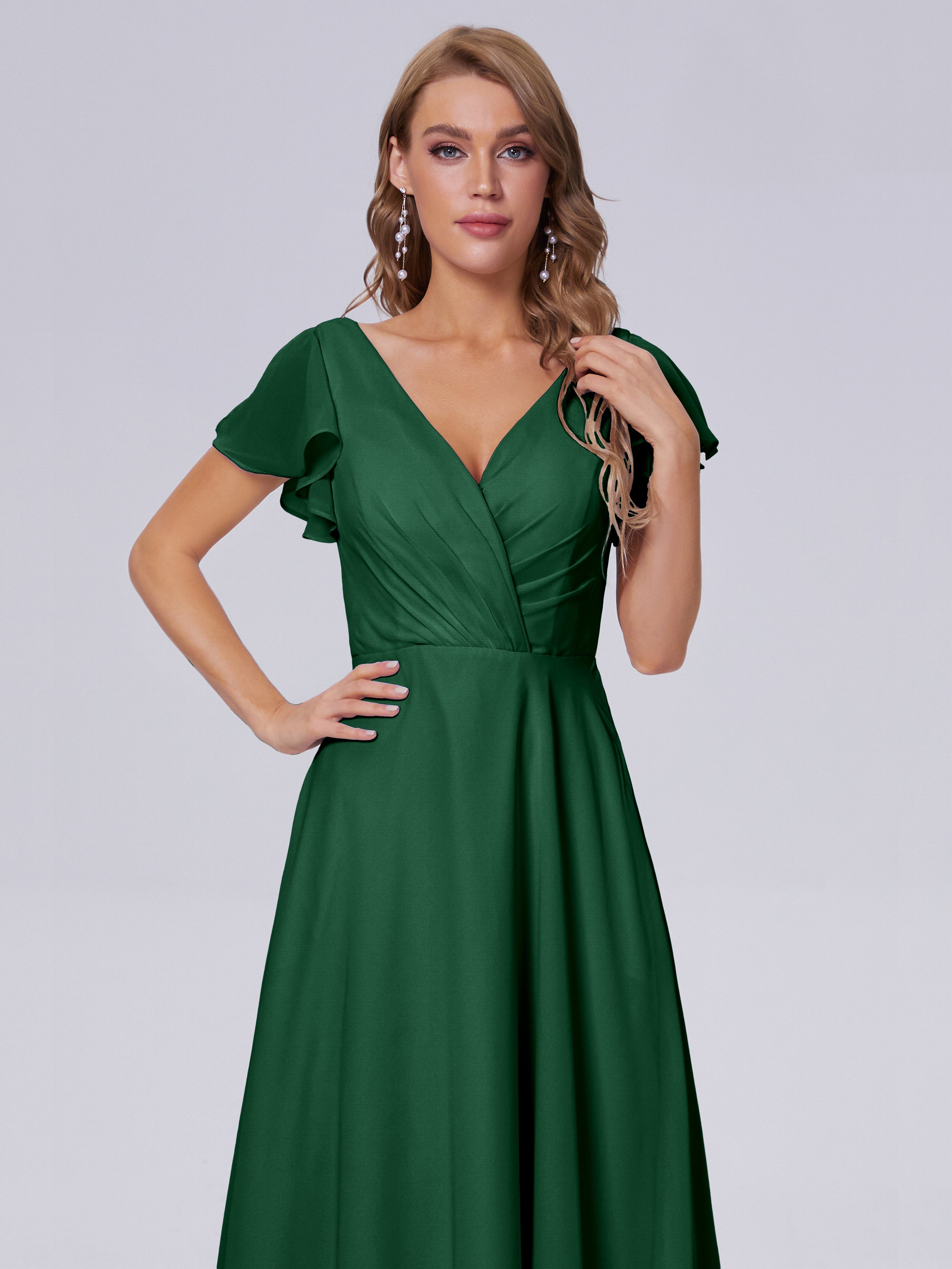 Robes De Demoiselle D'Honneur Vert Foncé Col V Mousseline Robes Demoiselle D'Honneur