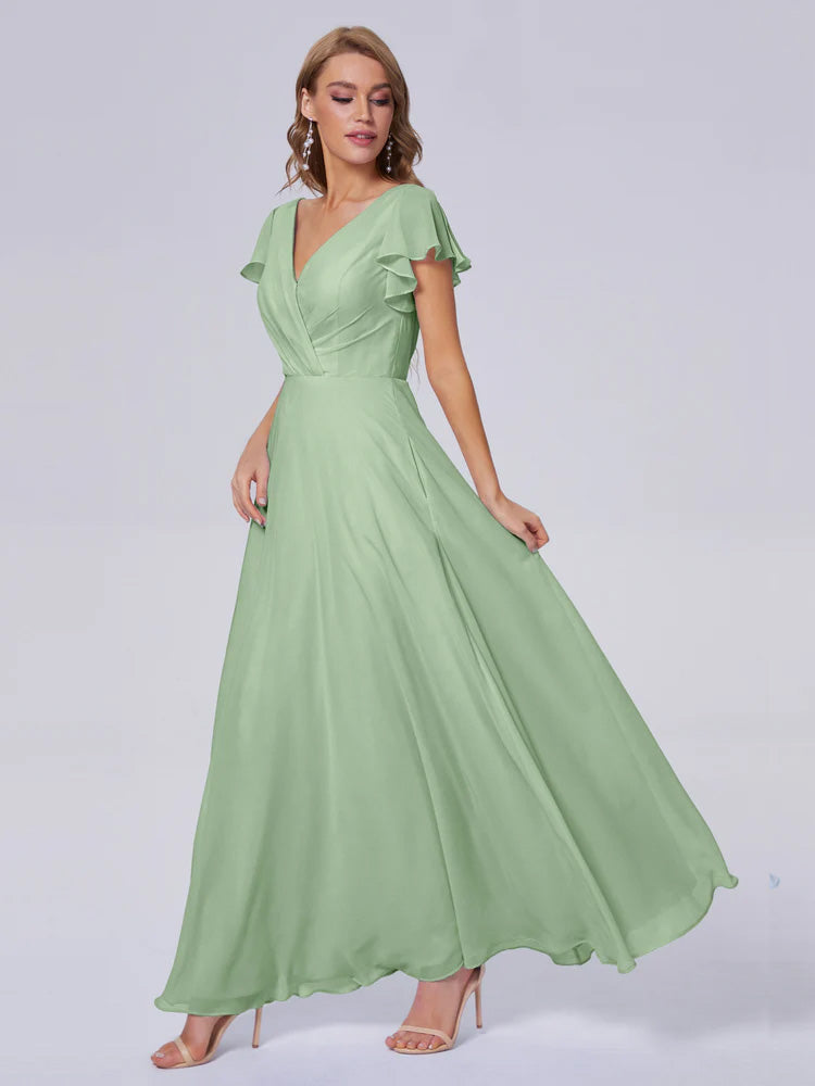 Robes De Demoiselle D'Honneur Vert Sauge Poussiéreux Col V Mousseline Robes Demoiselle D'Honneur