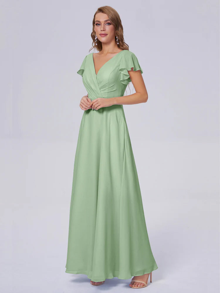 Robes De Demoiselle D'Honneur Vert Sauge Poussiéreux Col V Mousseline Robes Demoiselle D'Honneur