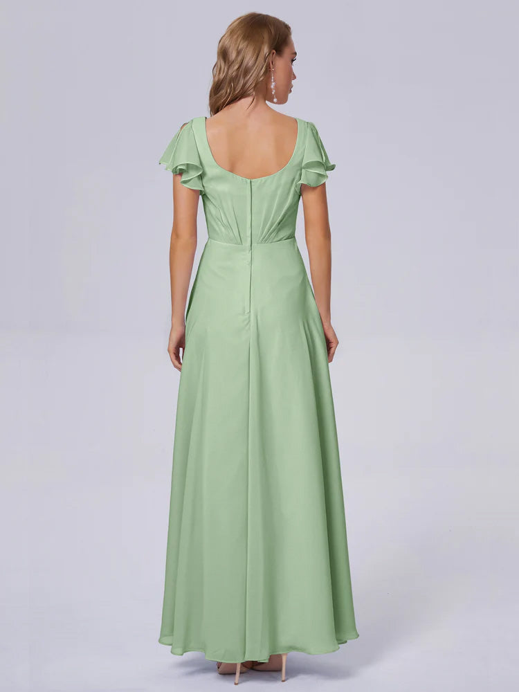 Robes De Demoiselle D'Honneur Vert Sauge Poussiéreux Col V Mousseline Robes Demoiselle D'Honneur