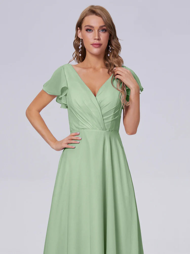 Robes De Demoiselle D'Honneur Vert Sauge Poussiéreux Col V Mousseline Robes Demoiselle D'Honneur