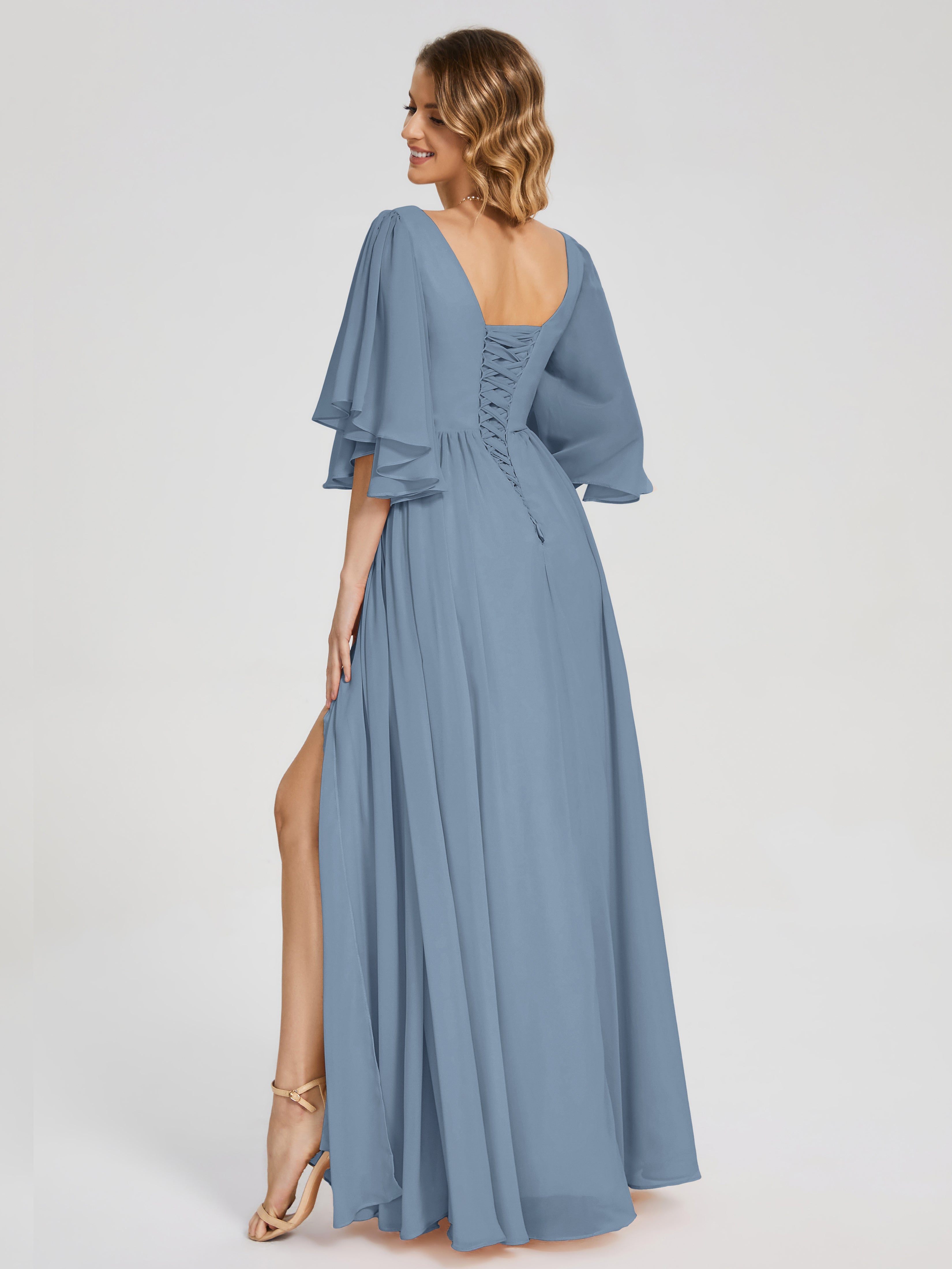 Robes De Demoiselle D'Honneur Bleu De Schiste Demi Manches Mousseline Robes Demoiselle D'Honneur À Lacet