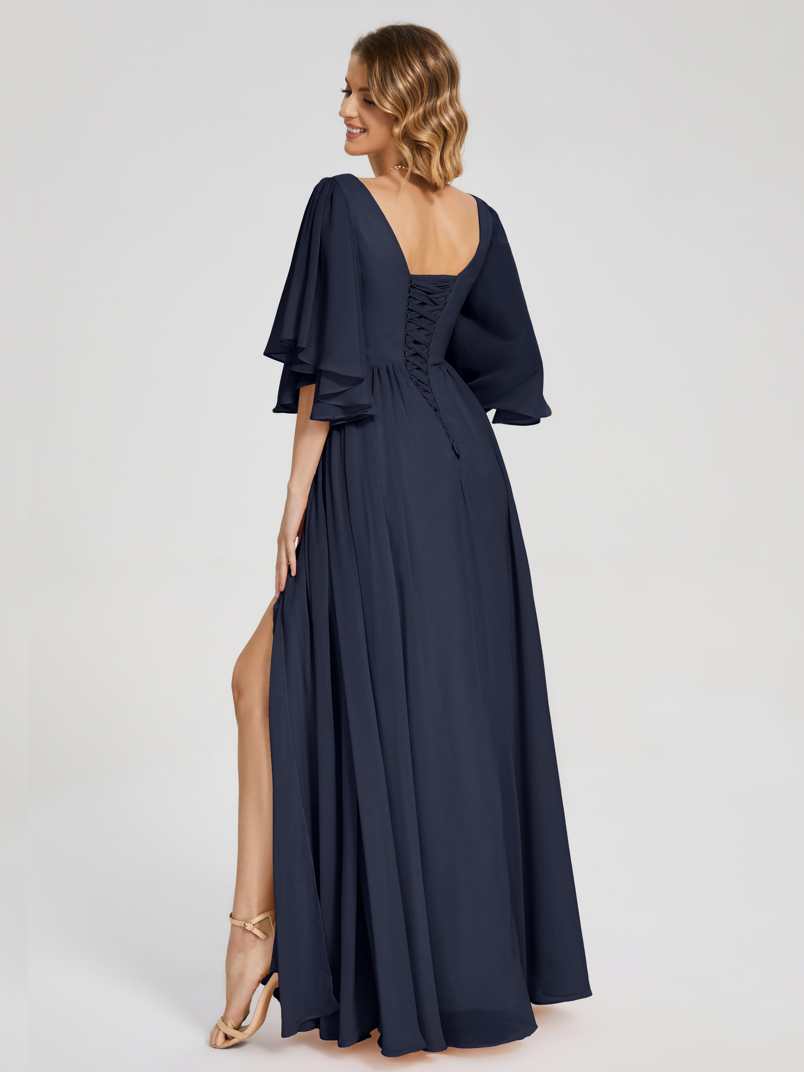 Robe Bleu Marine Demoiselle D Honneur Demi Manches Mousseline Robes Demoiselle D'Honneur À Lacet