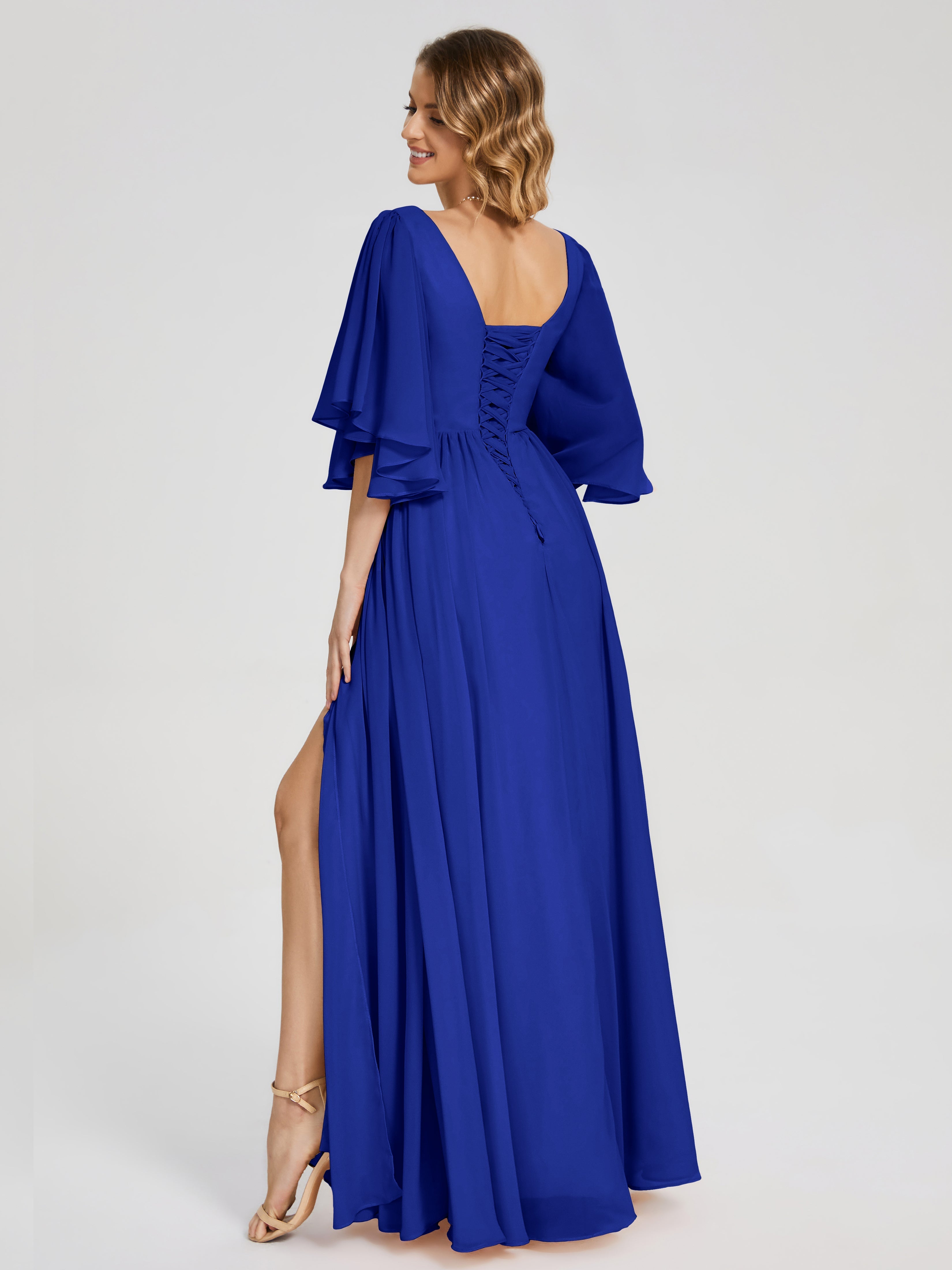 Demoiselle Dhonneur Robe Longue Bleu Roi Demi Manches Mousseline Robes Demoiselle D'Honneur À Lacet
