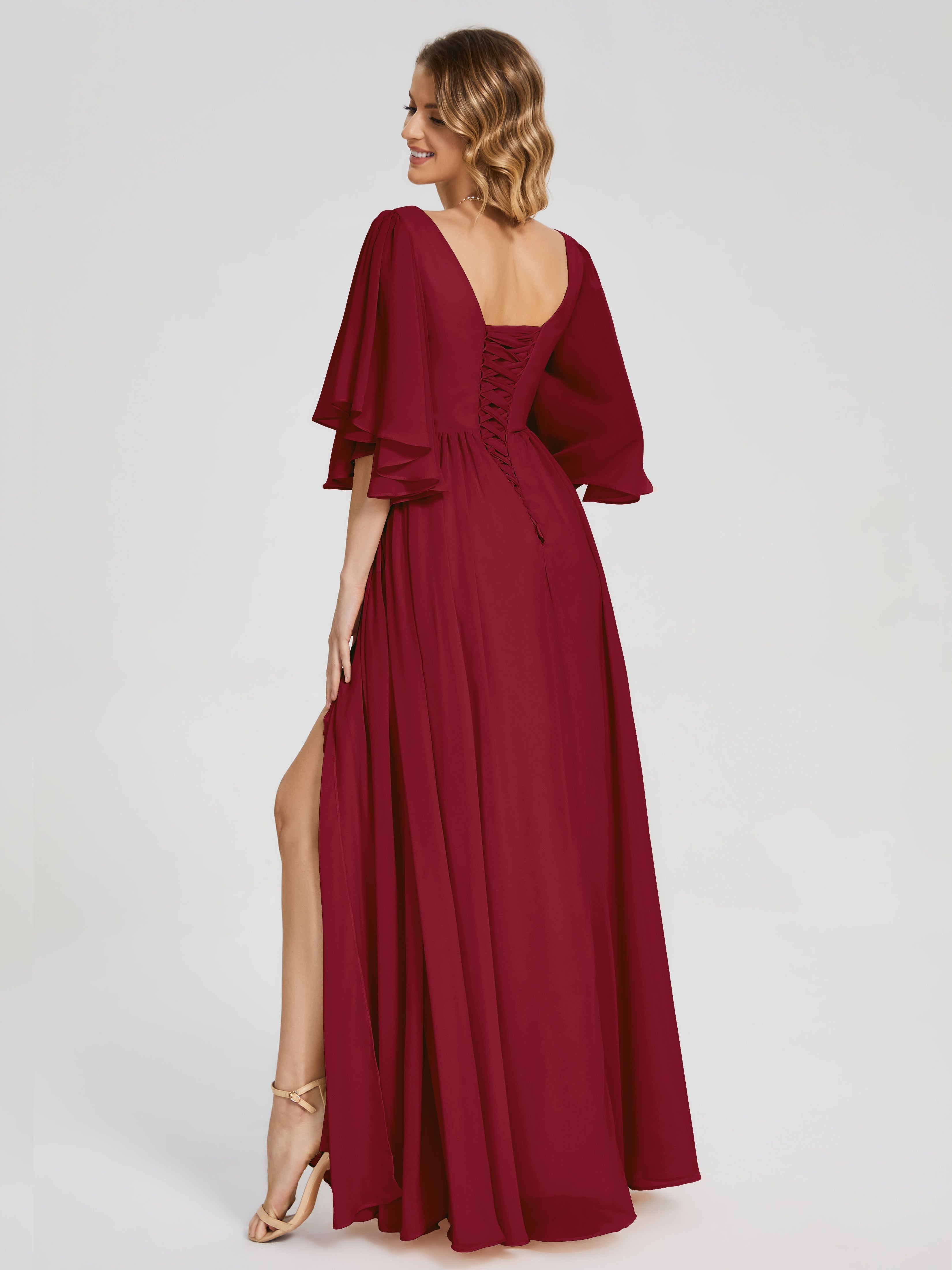 Robe Longue Bordeaux Demoiselle D Honneur Demi Manches Mousseline Robes Demoiselle D'Honneur À Lacet