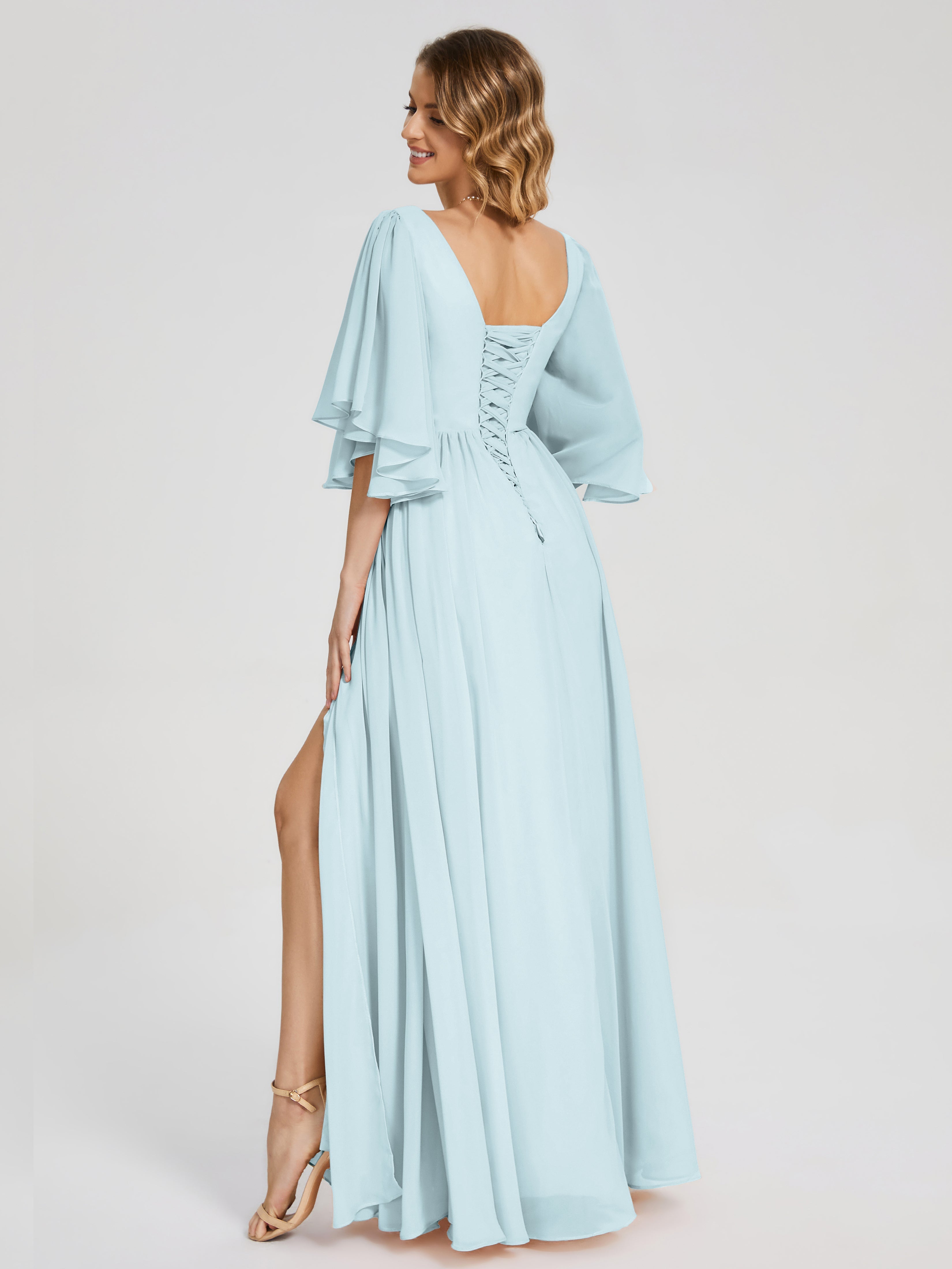 Robe De Demoiselle D'Honneur Brume Demi Manches Mousseline Robes Demoiselle D'Honneur À Lacet