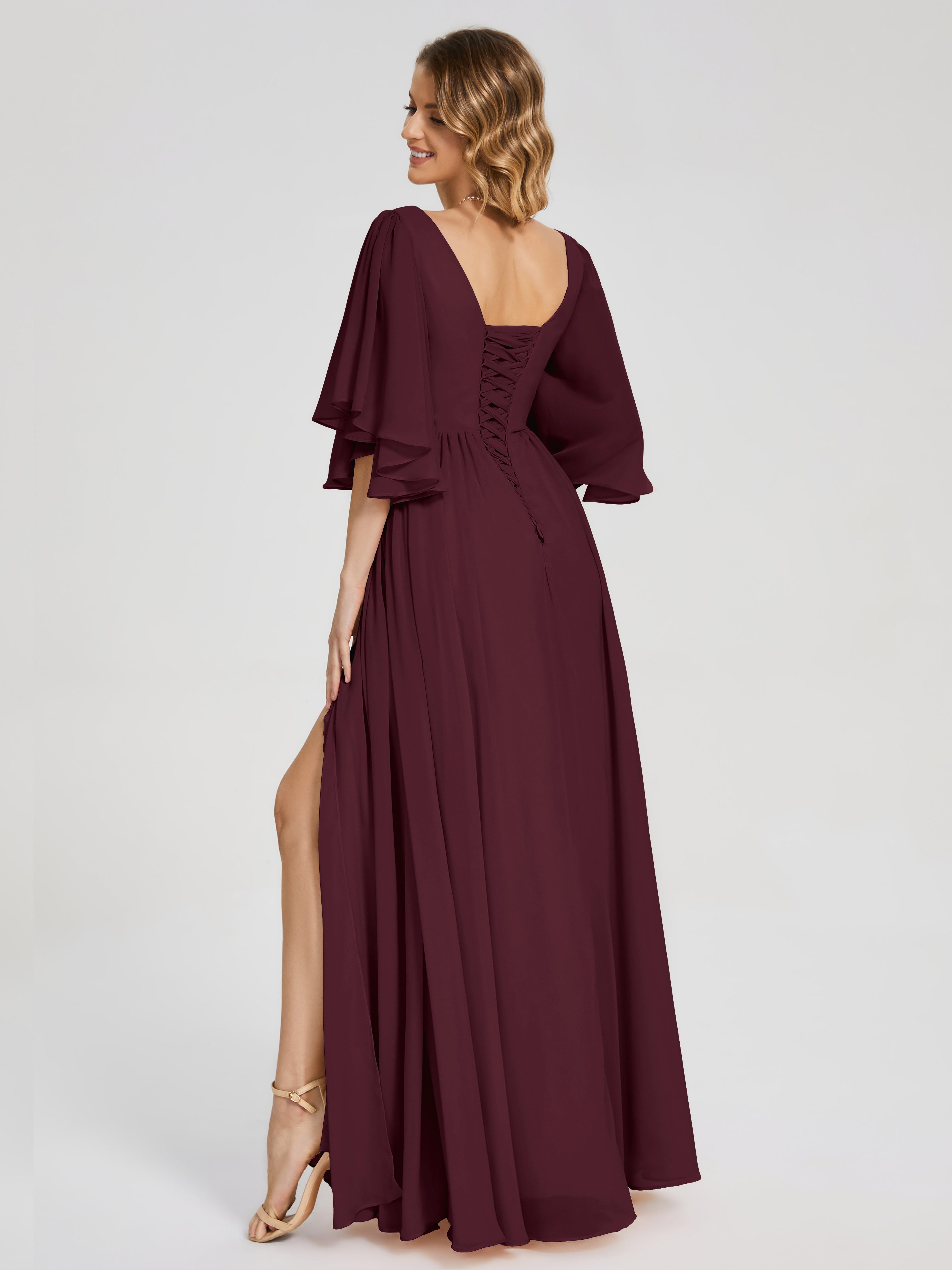 Robes De Demoiselle D'Honneur Cabernet Demi Manches Mousseline Robes Demoiselle D'Honneur À Lacet