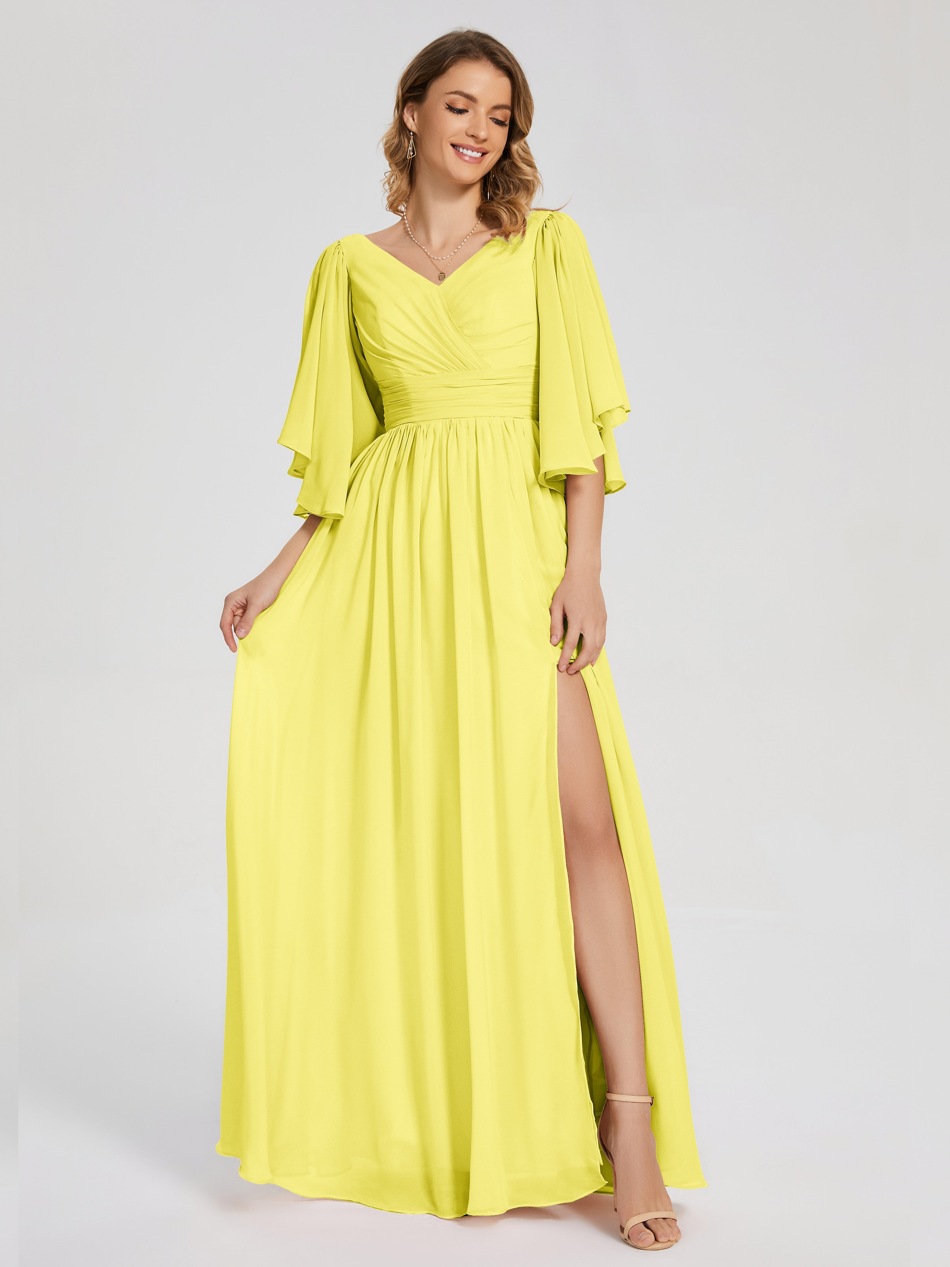 Robes De Demoiselle D'Honneur Citron Demi Manches Mousseline Robes Demoiselle D'Honneur À Lacet