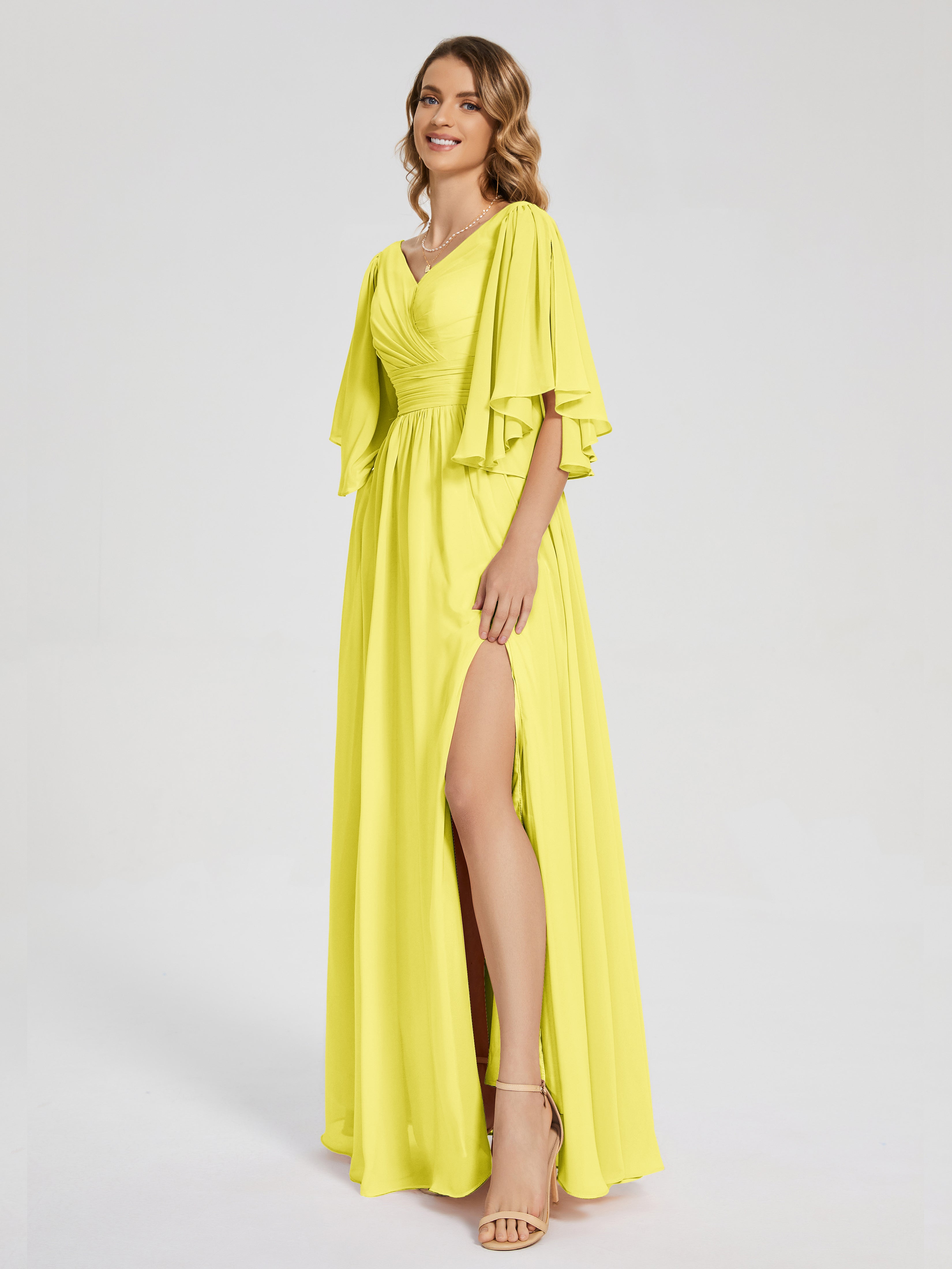 Robes De Demoiselle D'Honneur Citron Demi Manches Mousseline Robes Demoiselle D'Honneur À Lacet