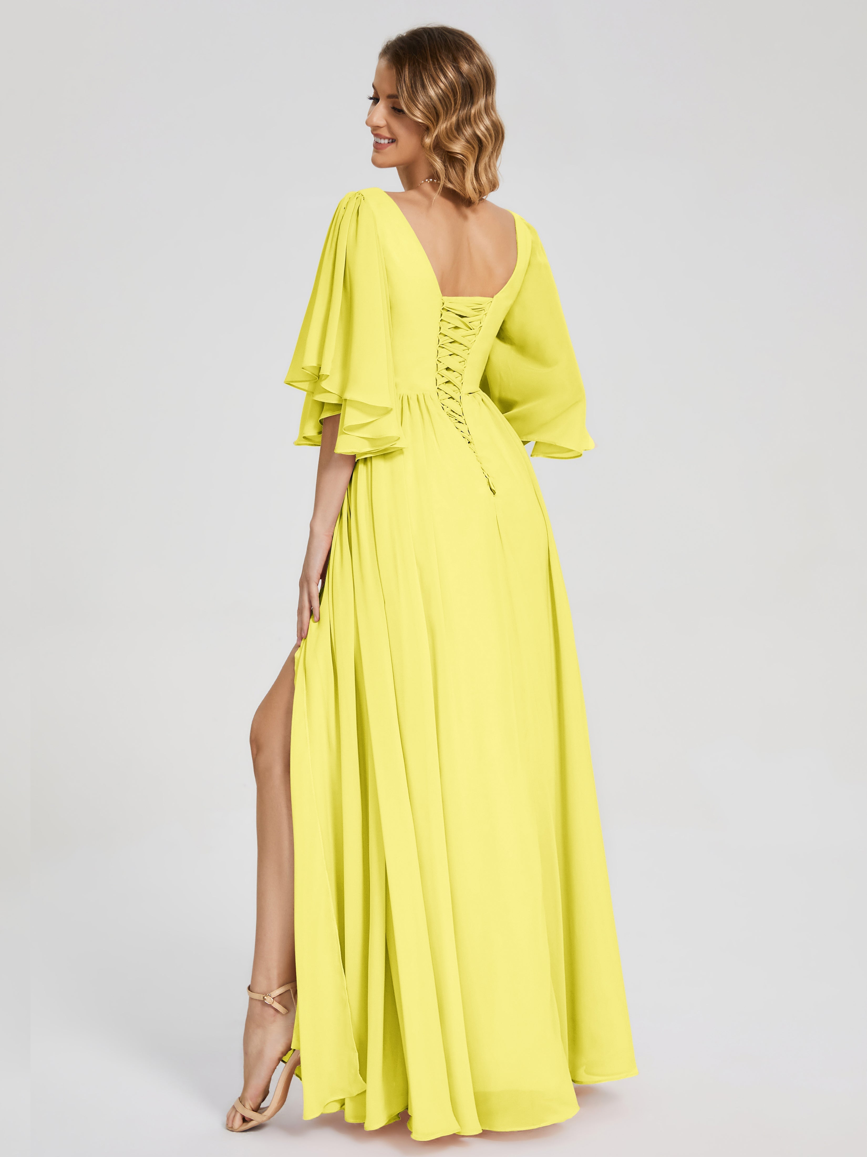 Robes De Demoiselle D'Honneur Citron Demi Manches Mousseline Robes Demoiselle D'Honneur À Lacet