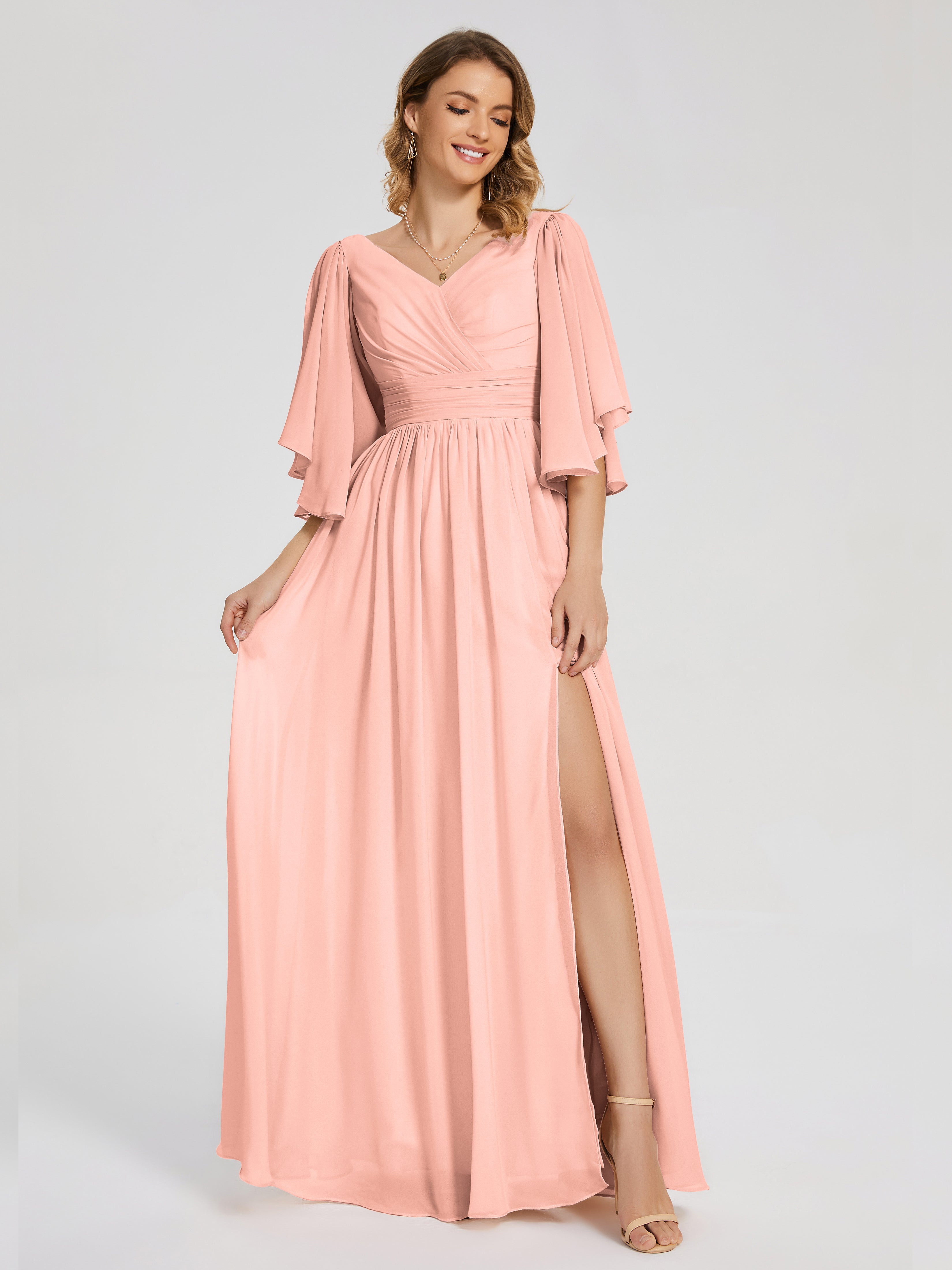 Robe Demoiselle Honneur Corail Demi Manches Mousseline Robes Demoiselle D'Honneur À Lacet