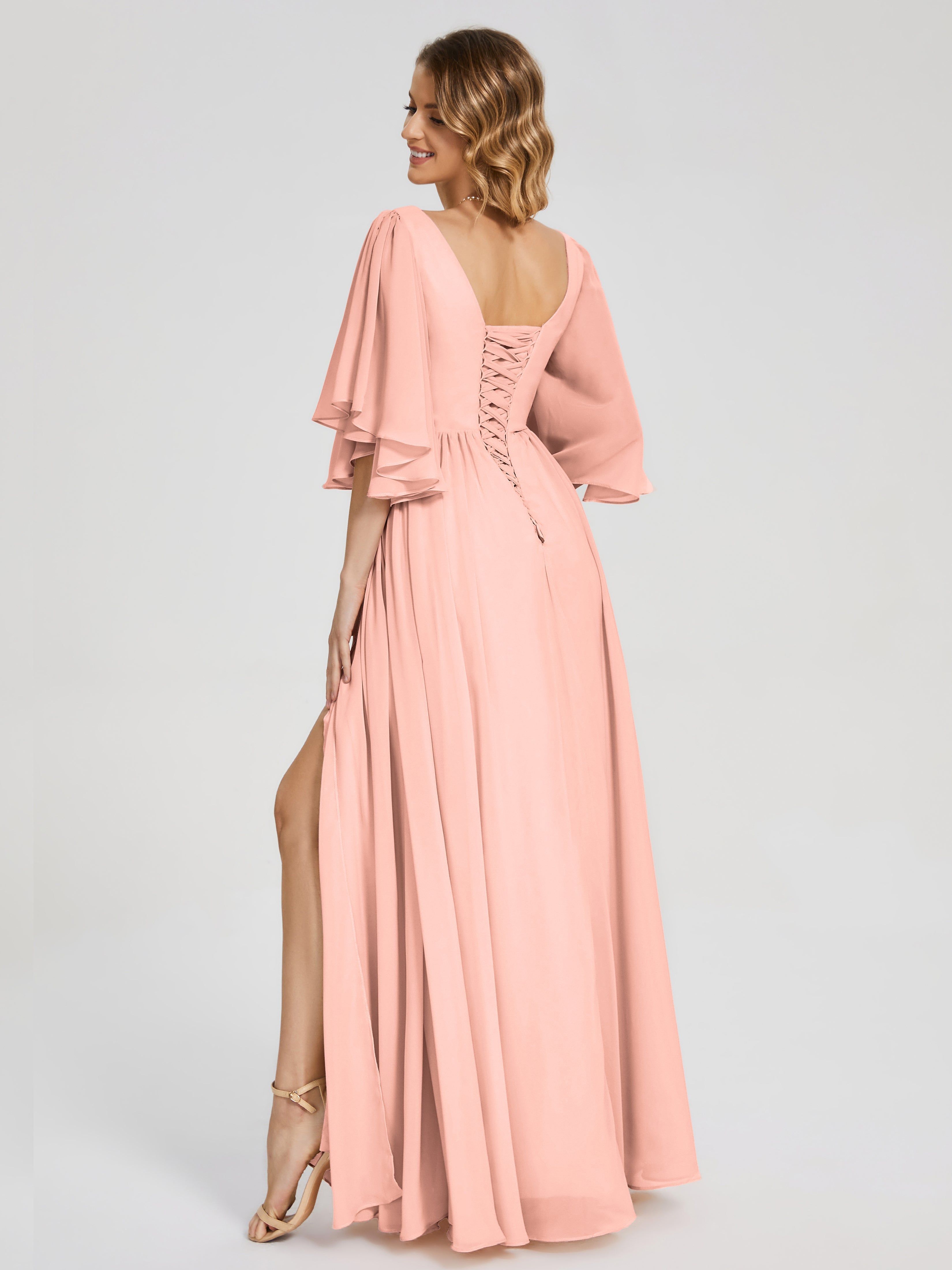 Robe Demoiselle Honneur Corail Demi Manches Mousseline Robes Demoiselle D'Honneur À Lacet