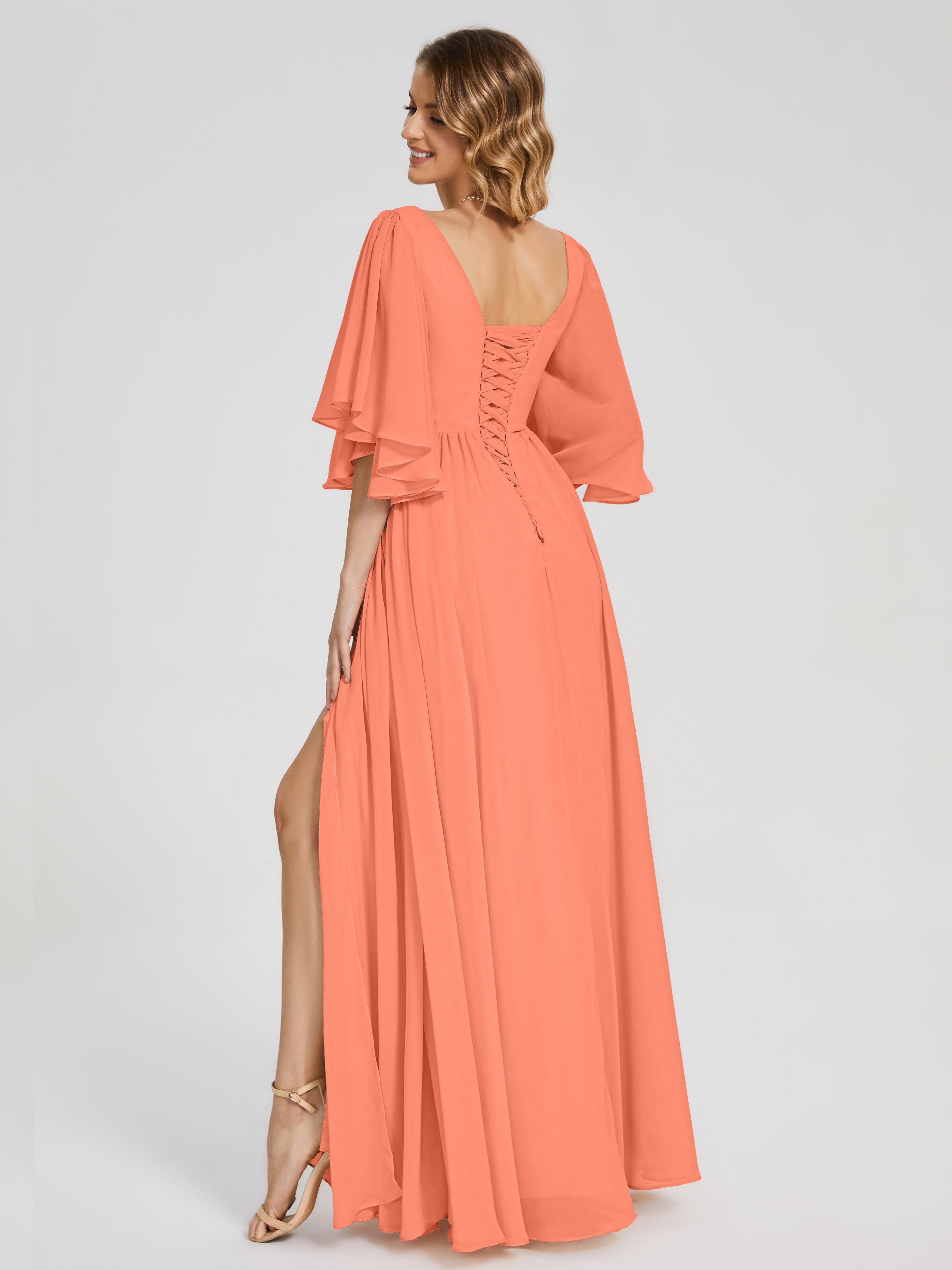 Robes De Demoiselle D'Honneur Coucher De Soleil Demi Manches Mousseline Robes Demoiselle D'Honneur À Lacet