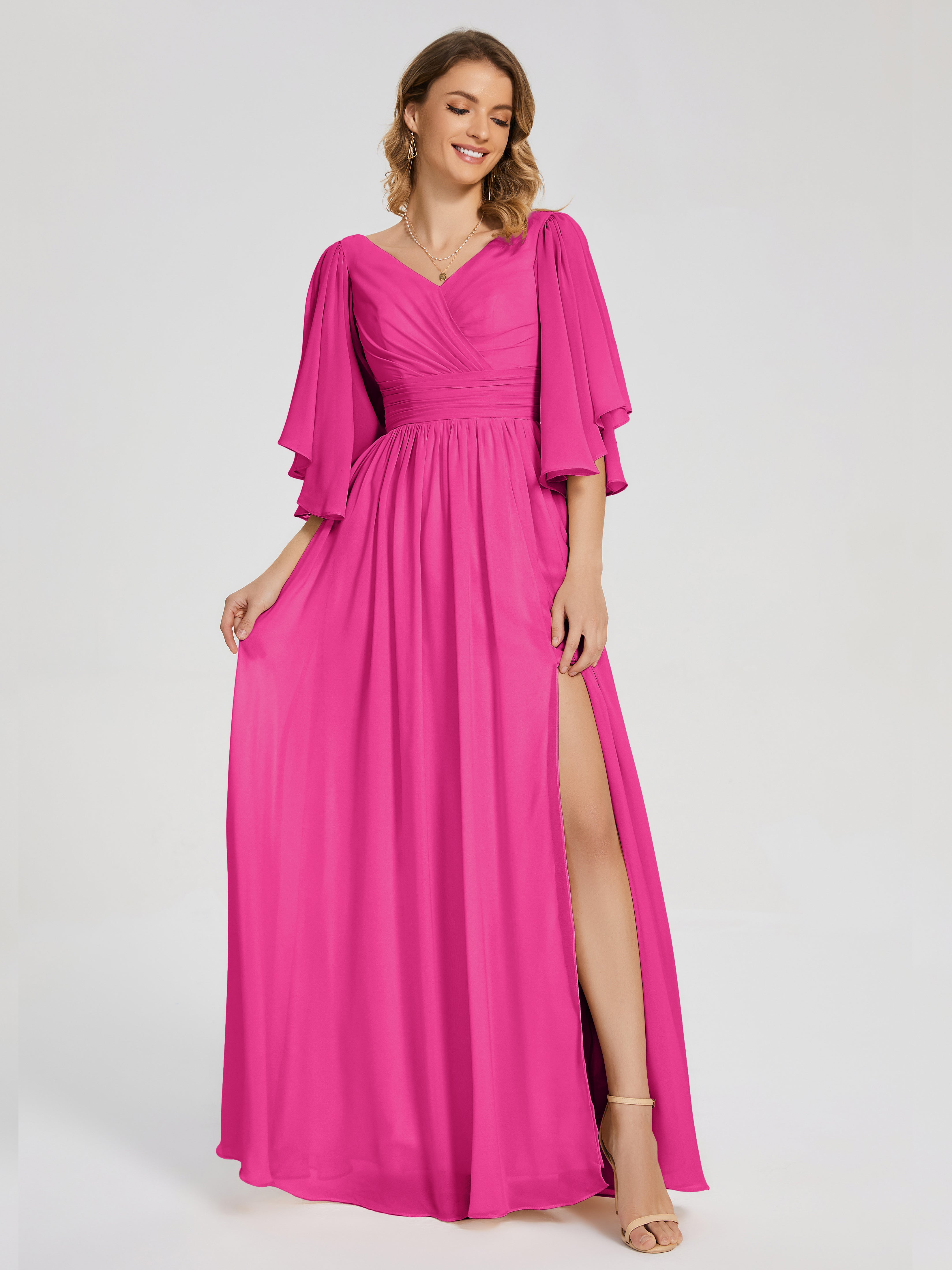 Robe Rose Fuchsia Demoiselle D Honneur Demi Manches Mousseline Robes Demoiselle D'Honneur À Lacet