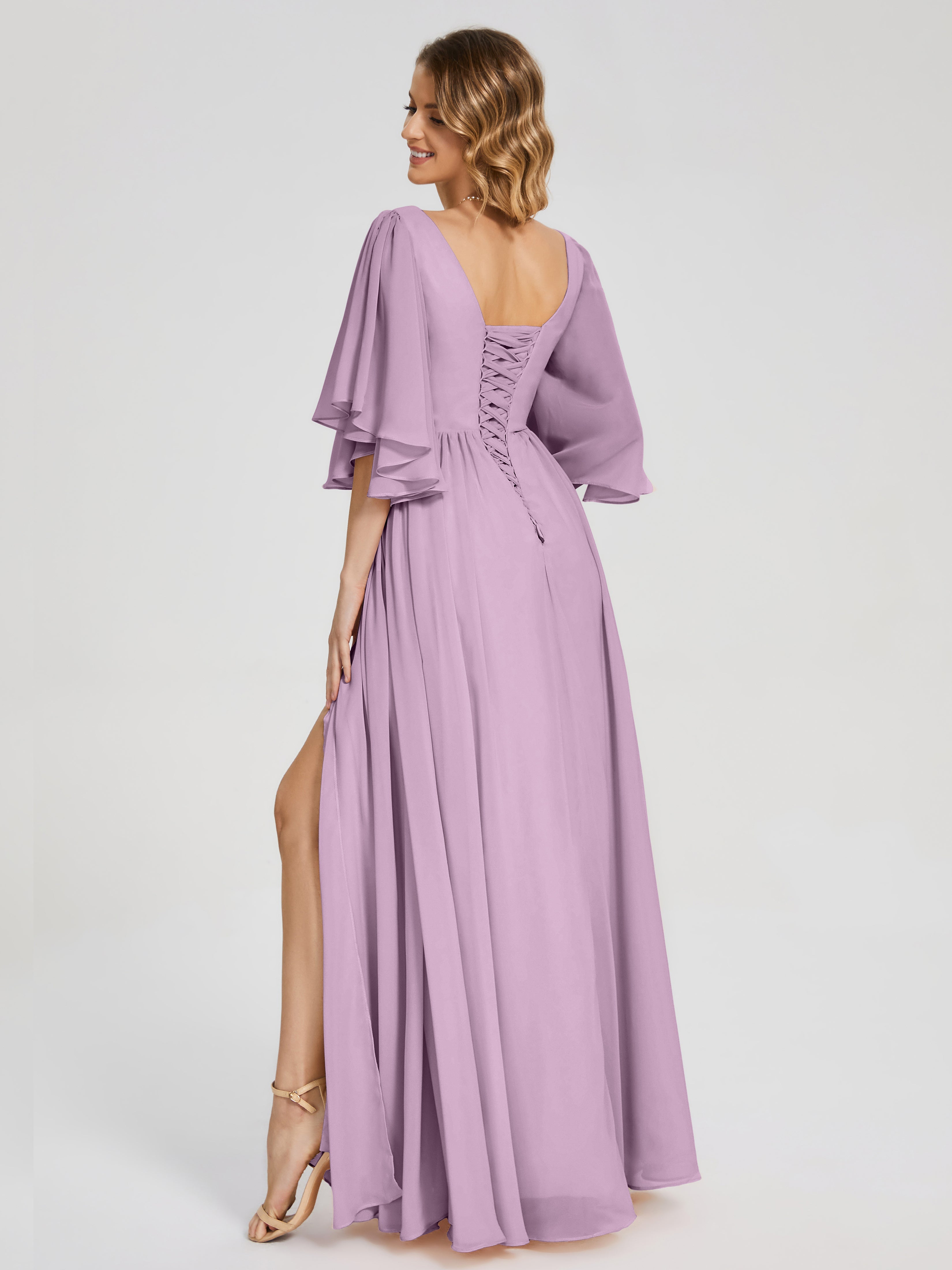 Robes De Demoiselle D'Honneur Glycine Demi Manches Mousseline Robes Demoiselle D'Honneur À Lacet