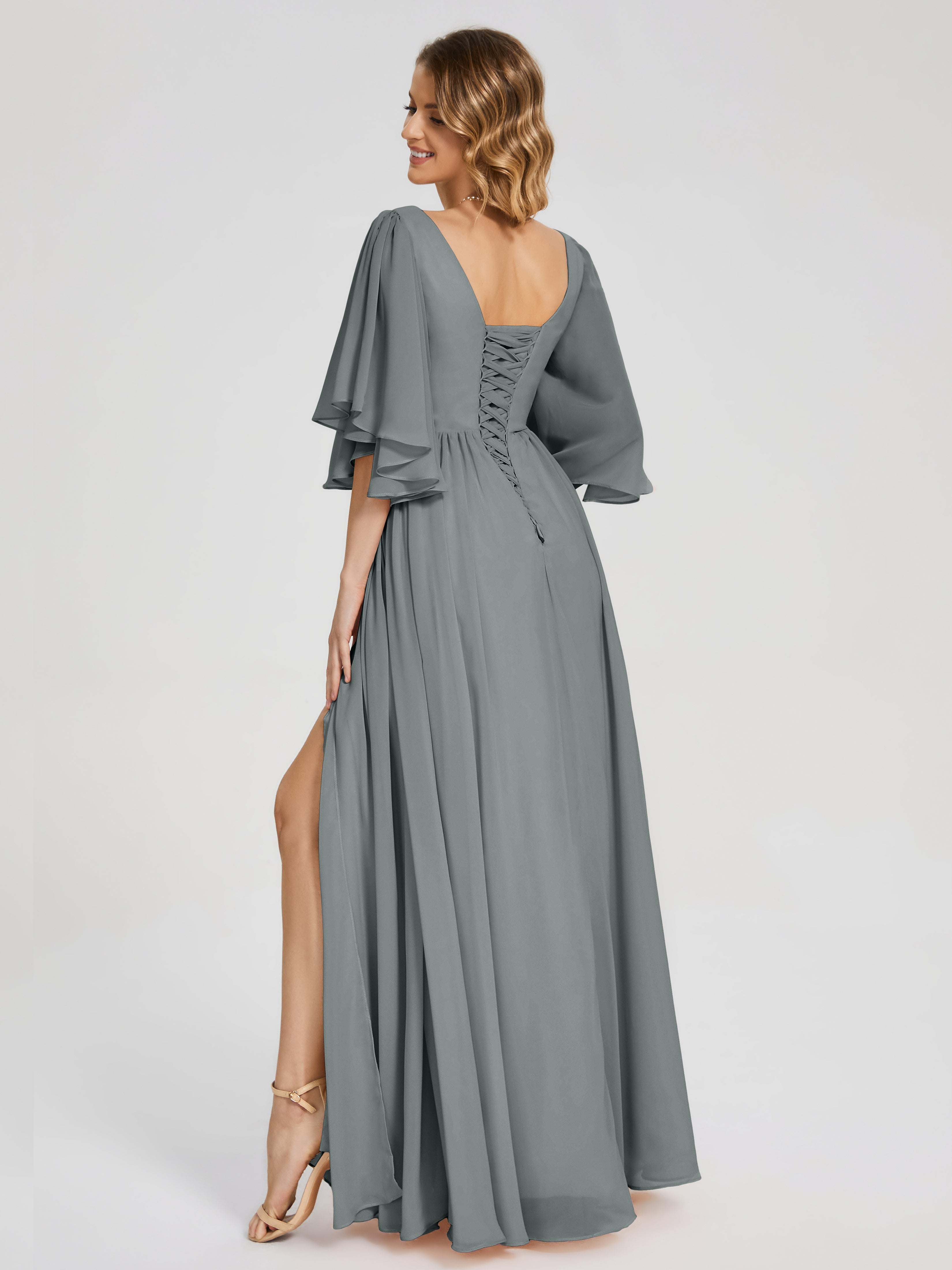 Demoiselle D Honneur Robe Grise Demi Manches Mousseline Robes Demoiselle D'Honneur À Lacet