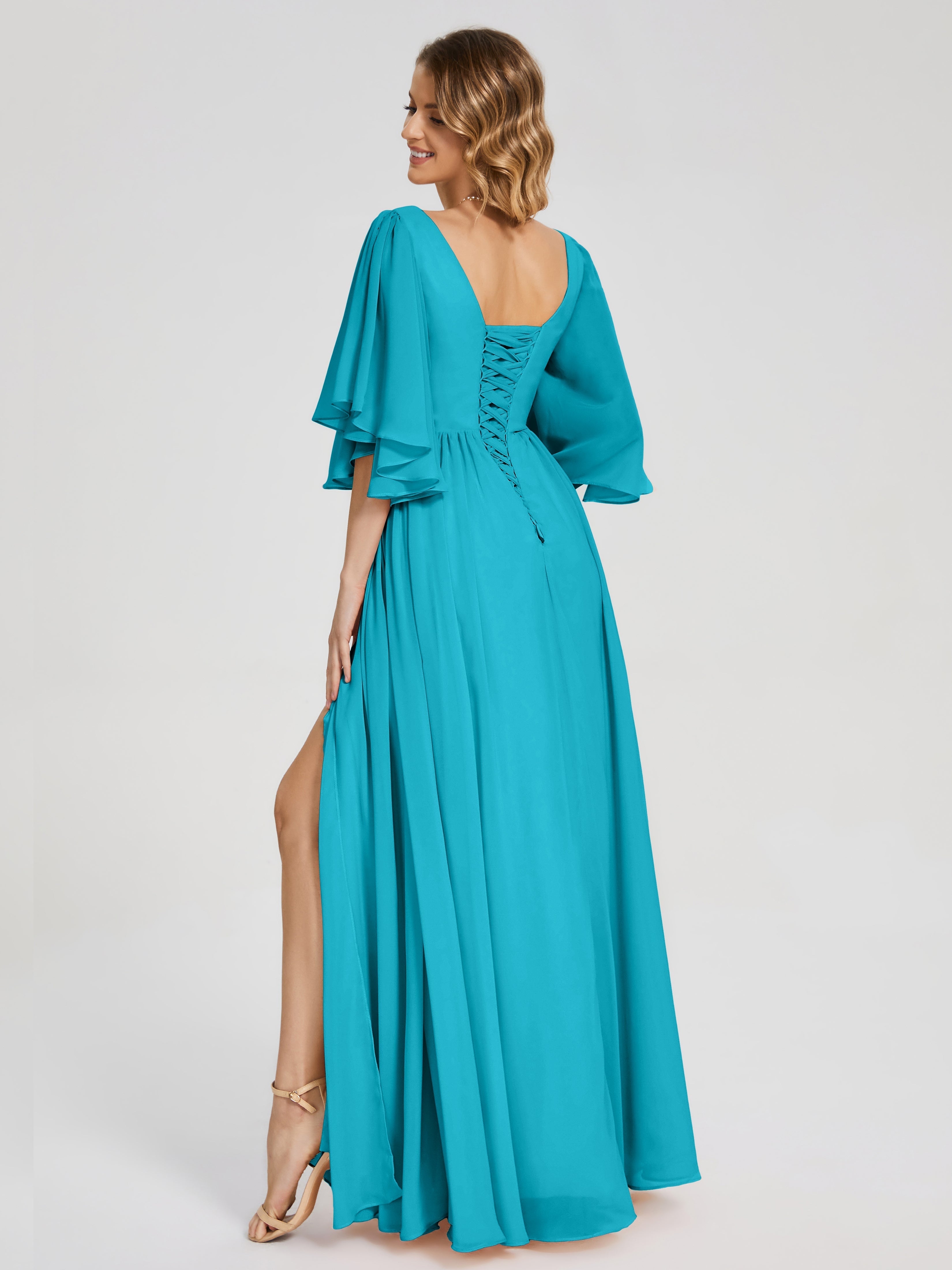 Robes De Demoiselle D'Honneur Vert Jade Demi Manches Mousseline Robes Demoiselle D'Honneur À Lacet