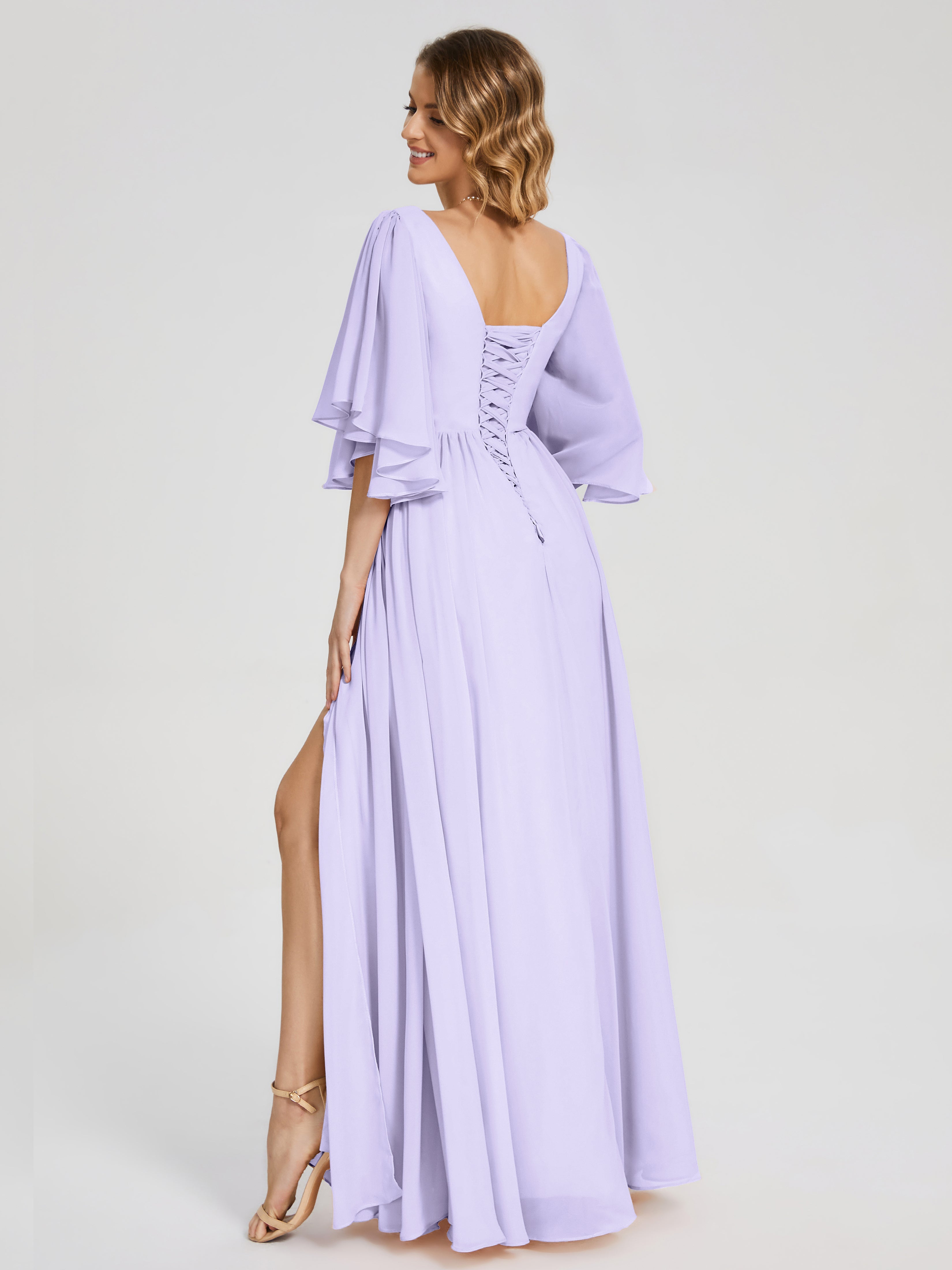 Demoiselle D Honneur Lilas Demi Manches Mousseline Robes Demoiselle D'Honneur À Lacet