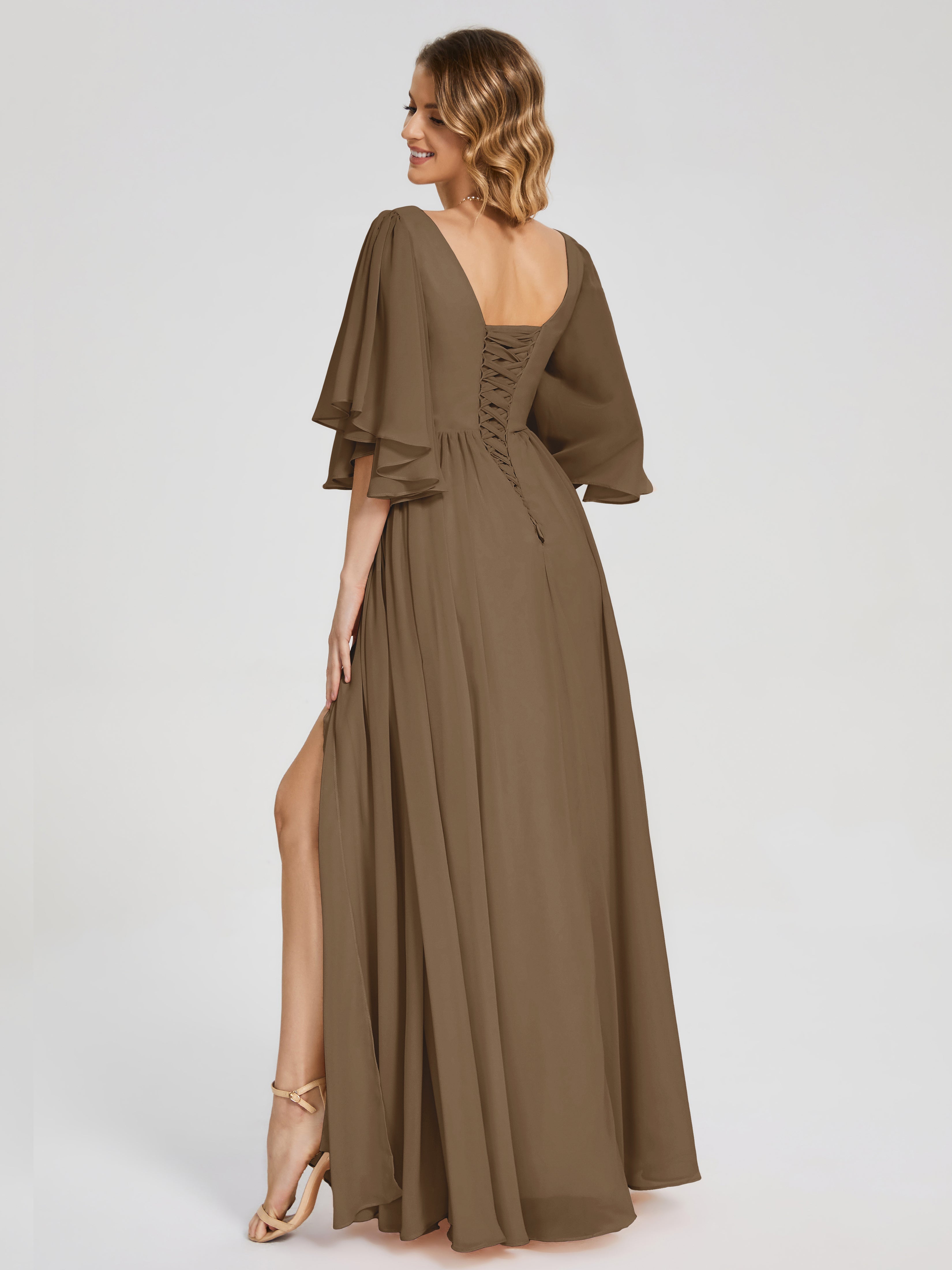 Robe De Demoiselle D'Honneur Moka Demi Manches Mousseline Robes Demoiselle D'Honneur À Lacet