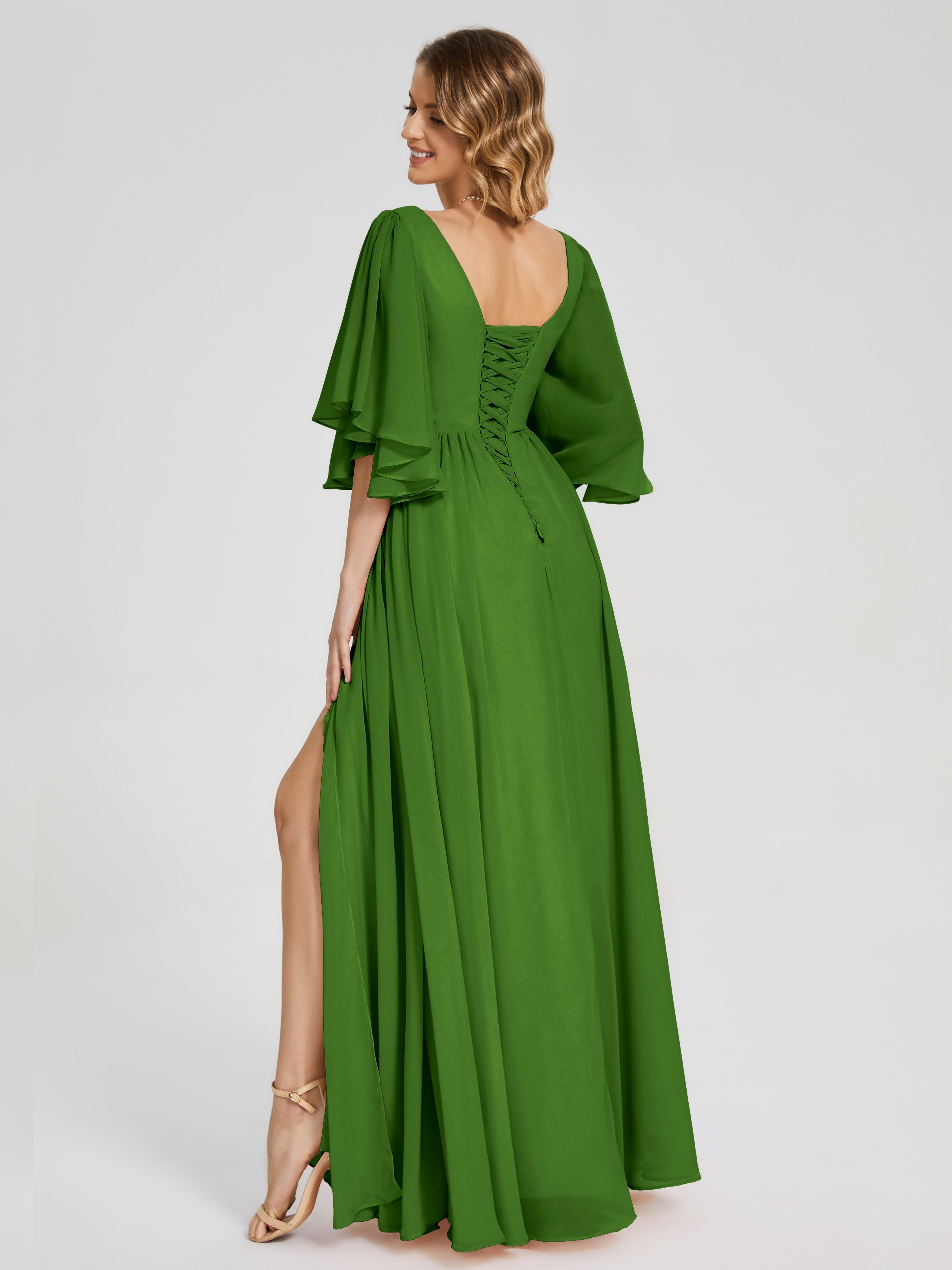 Robes De Demoiselle D'Honneur Vert Mousse Demi Manches Mousseline Robes Demoiselle D'Honneur À Lacet