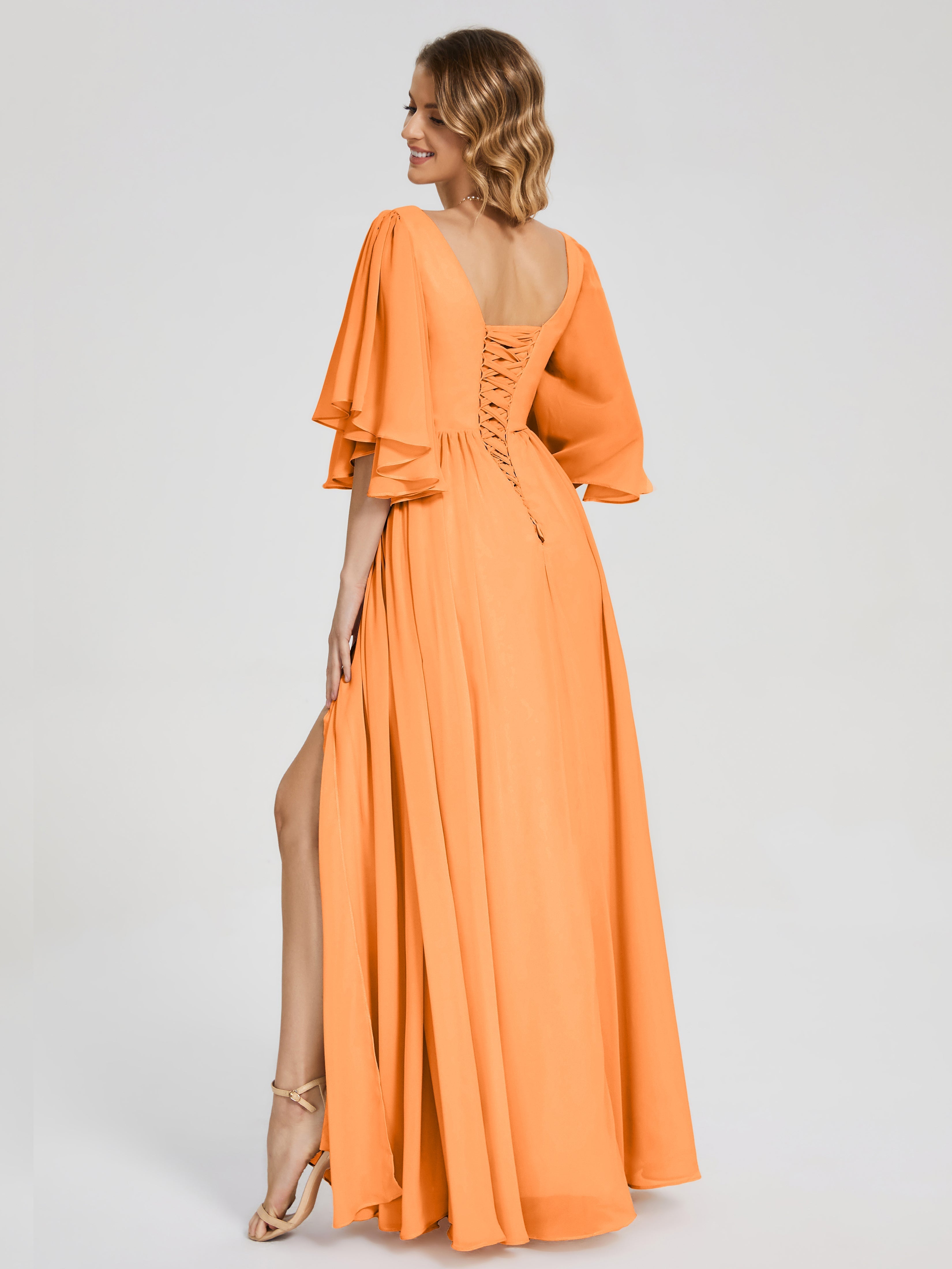 Robe Mousseline Orange Demi Manches Mousseline Robes Demoiselle D'Honneur À Lacet