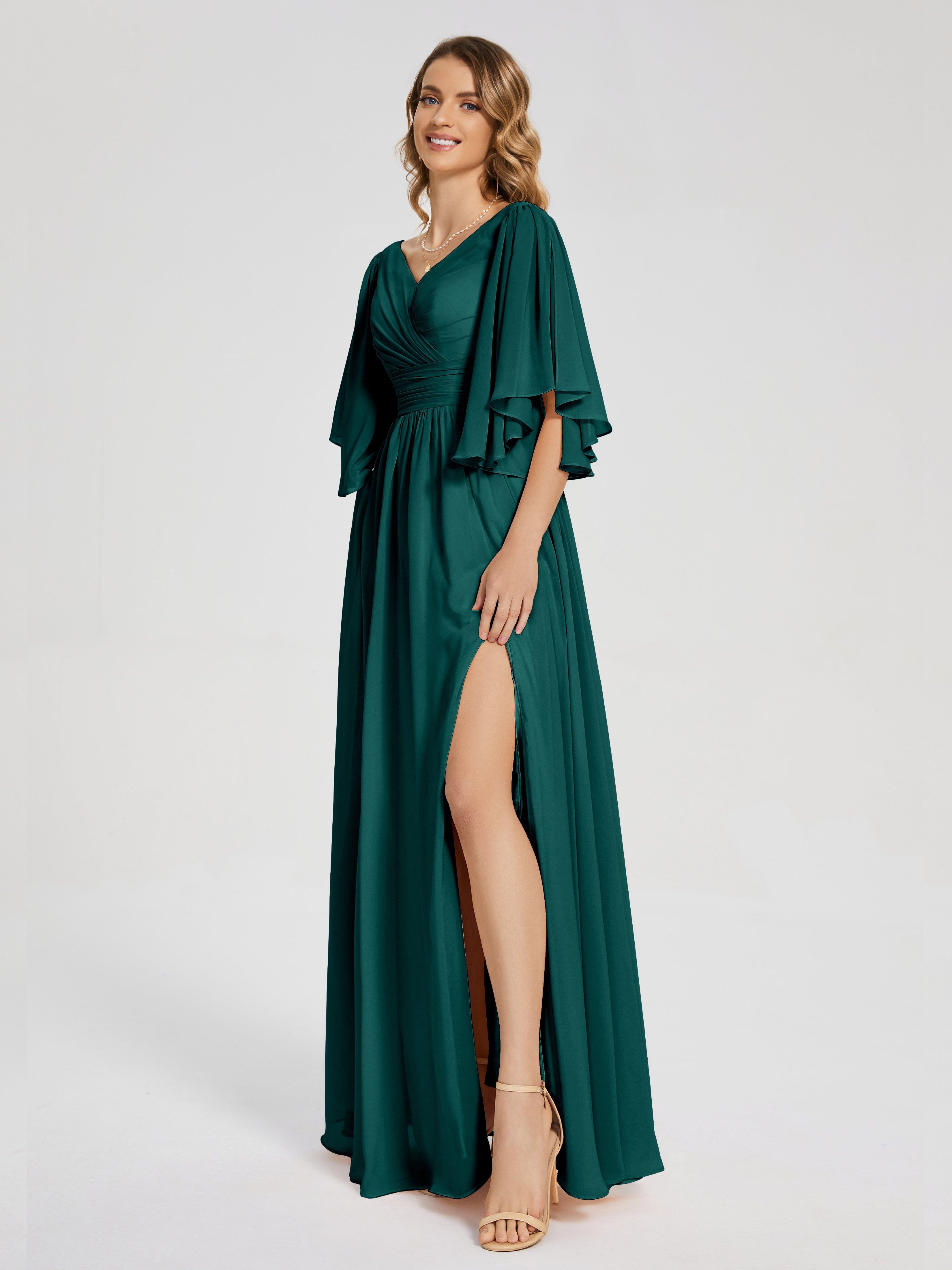 Demoiselle D'Honneur De Paon Demi Manches Mousseline Robes Demoiselle D'Honneur À Lacet