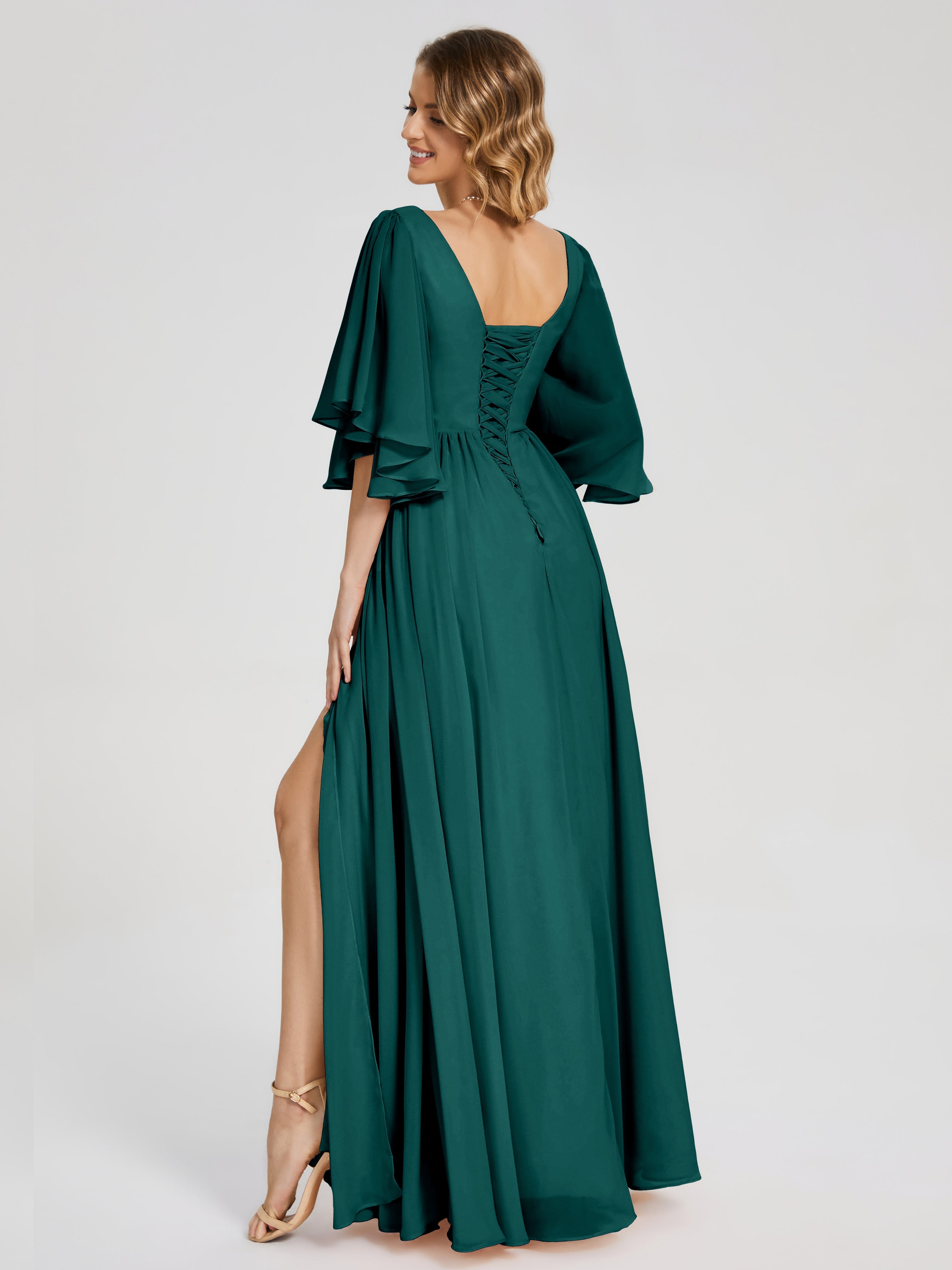 Demoiselle D'Honneur De Paon Demi Manches Mousseline Robes Demoiselle D'Honneur À Lacet