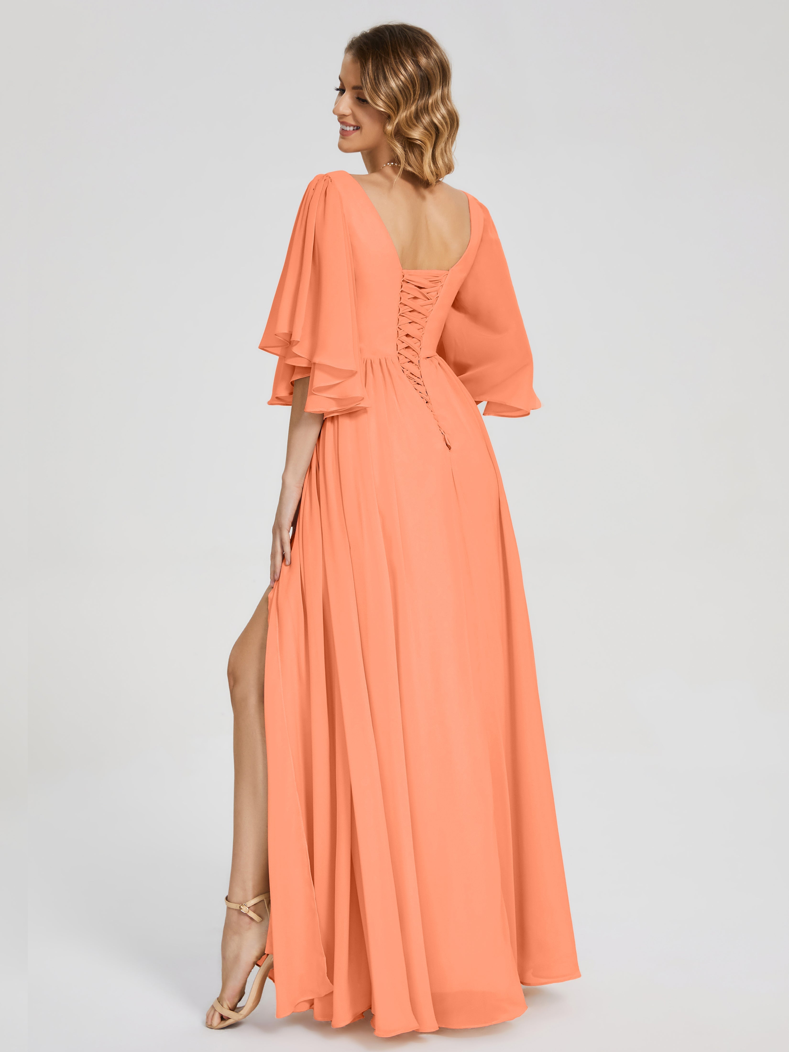 Robes De Demoiselle D'Honneur Papaye Demi Manches Mousseline Robes Demoiselle D'Honneur À Lacet