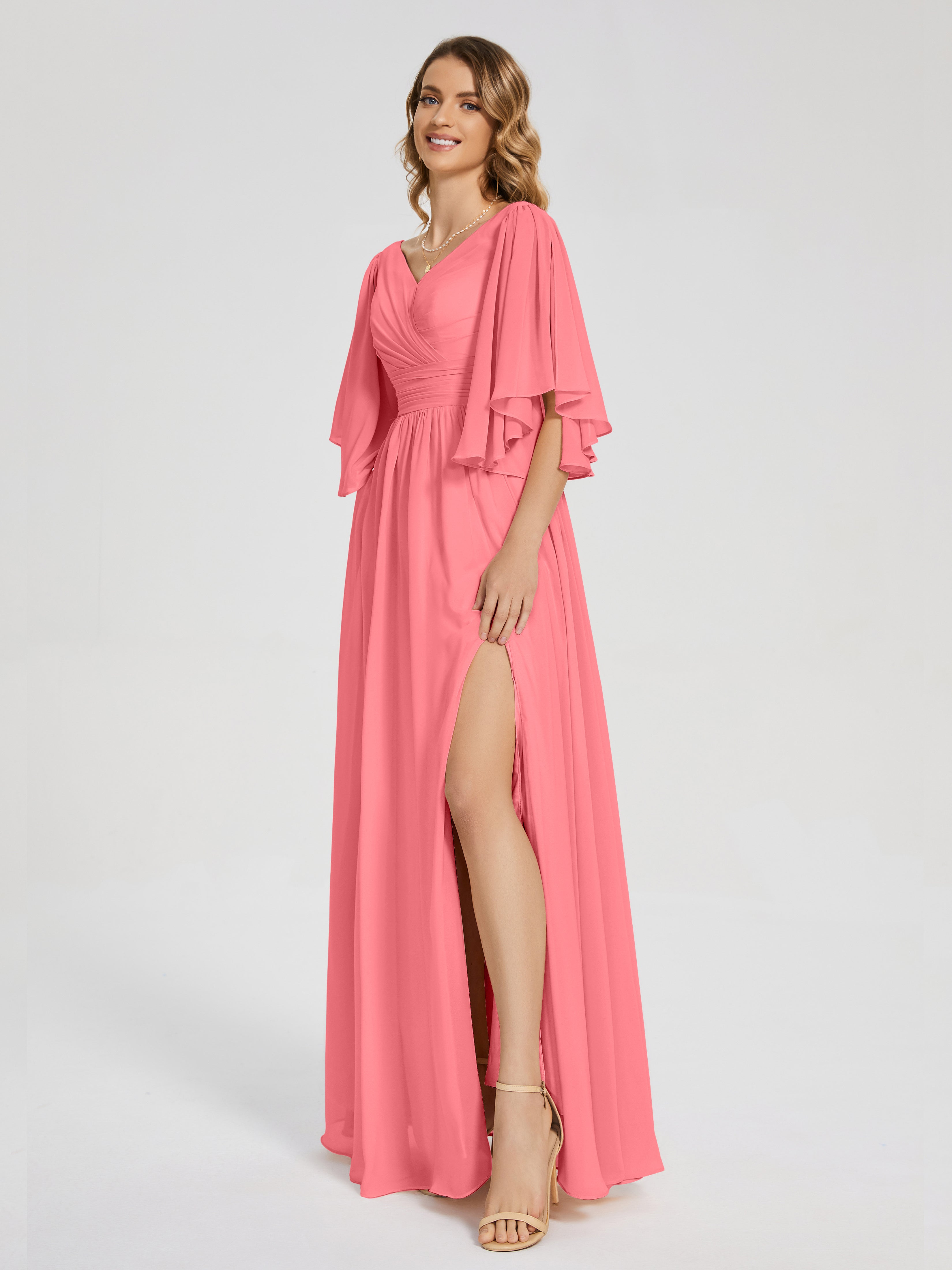 Robes De Demoiselle D'Honneur Pastèque Demi Manches Mousseline Robes Demoiselle D'Honneur À Lacet