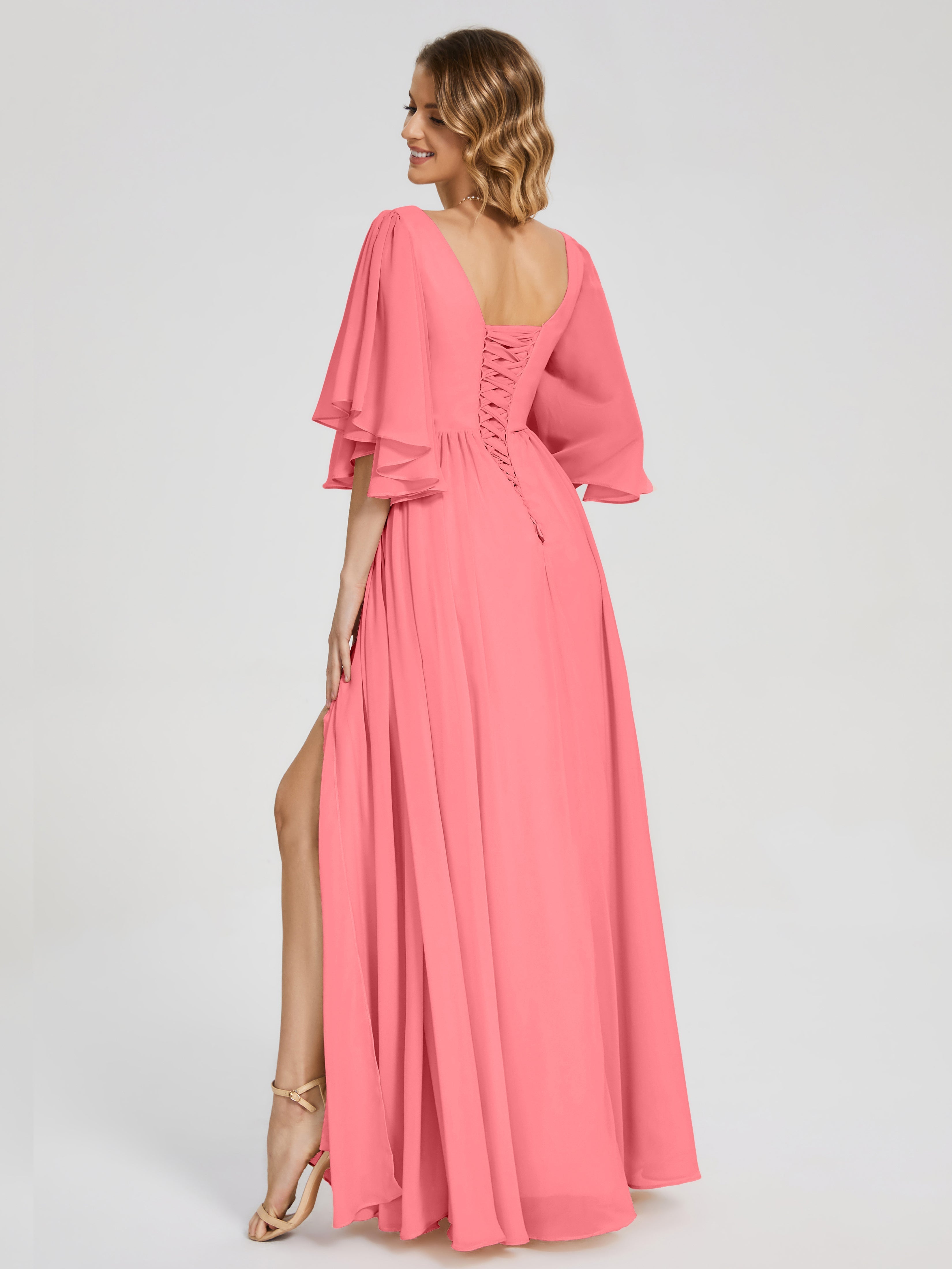 Robes De Demoiselle D'Honneur Pastèque Demi Manches Mousseline Robes Demoiselle D'Honneur À Lacet