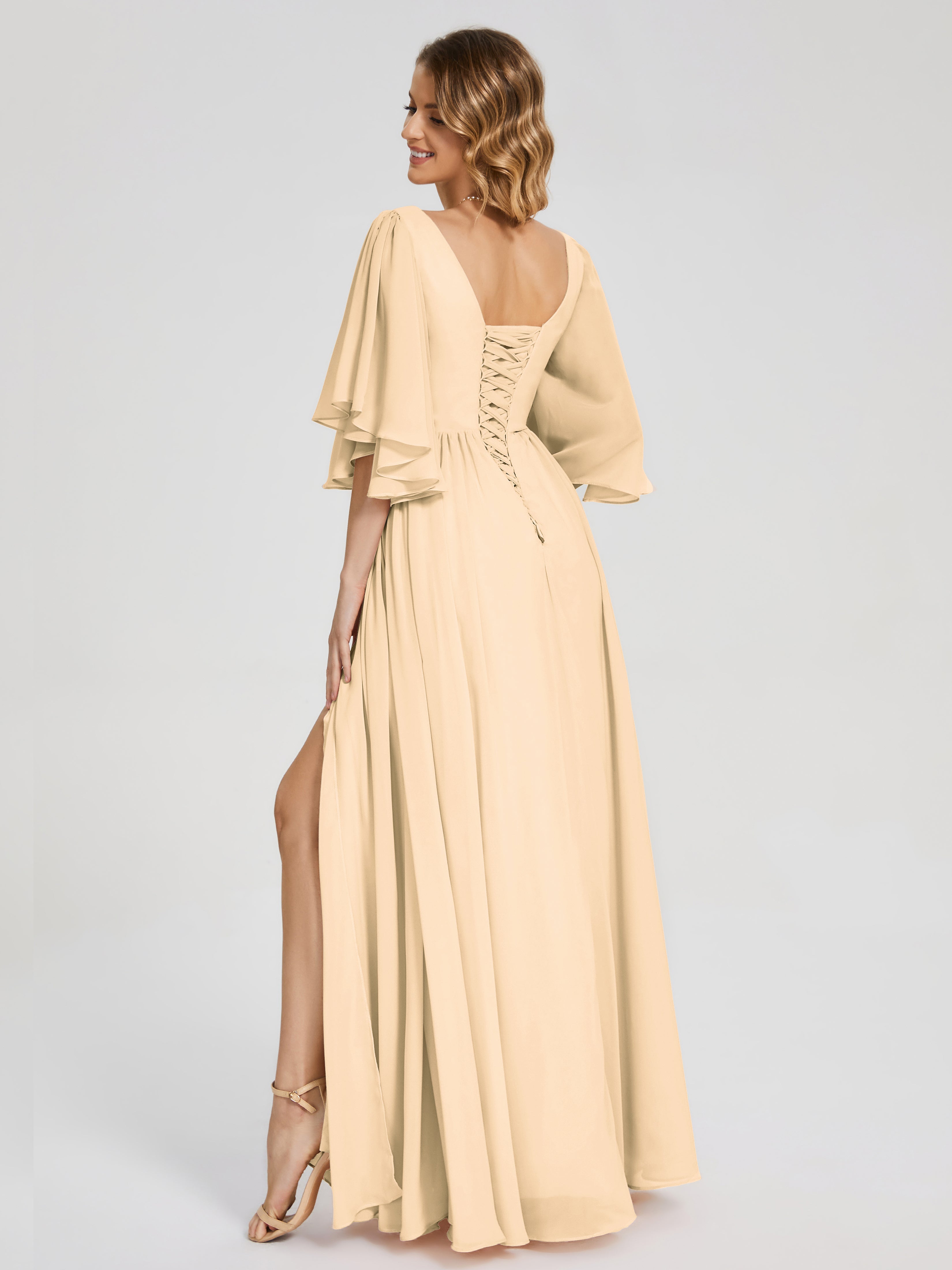 Robe De Demoiselle D Honneur Peche Demi Manches Mousseline Robes Demoiselle D'Honneur À Lacet