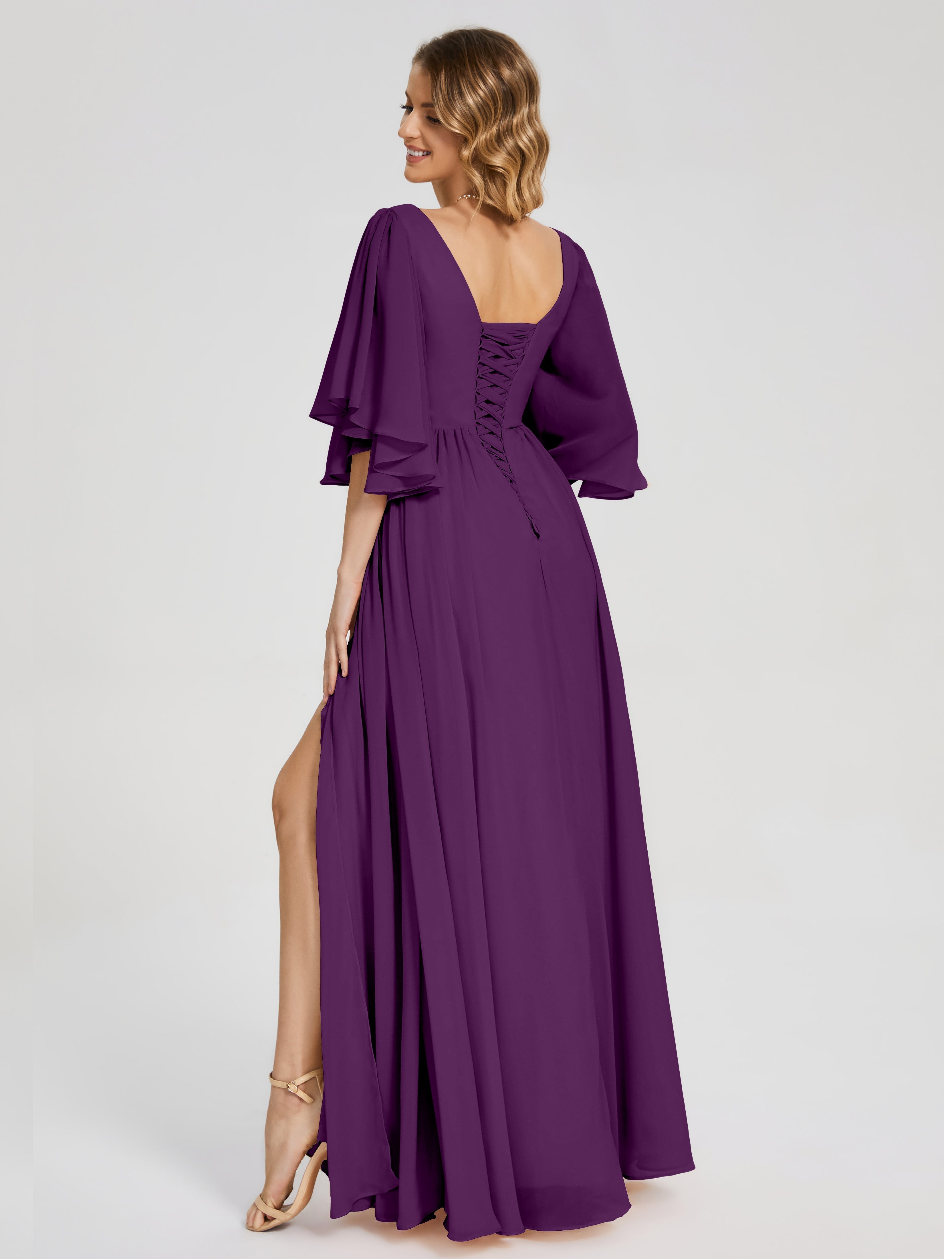Robes De Demoiselle D'Honneur En Raisin Demi Manches Mousseline Robes Demoiselle D'Honneur À Lacet
