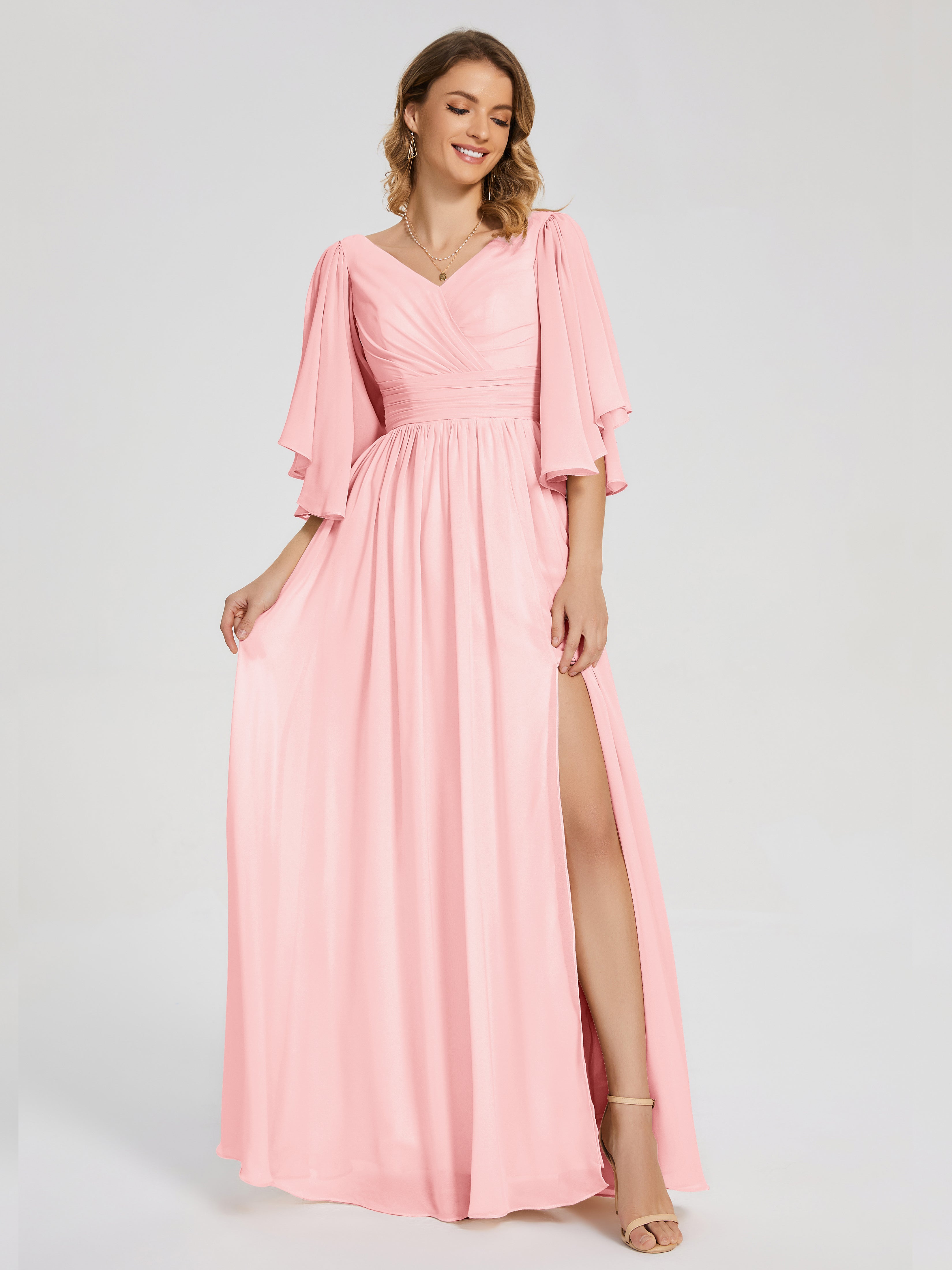 Robe Rose Demoiselle D Honneur Demi Manches Mousseline Robes Demoiselle D'Honneur À Lacet