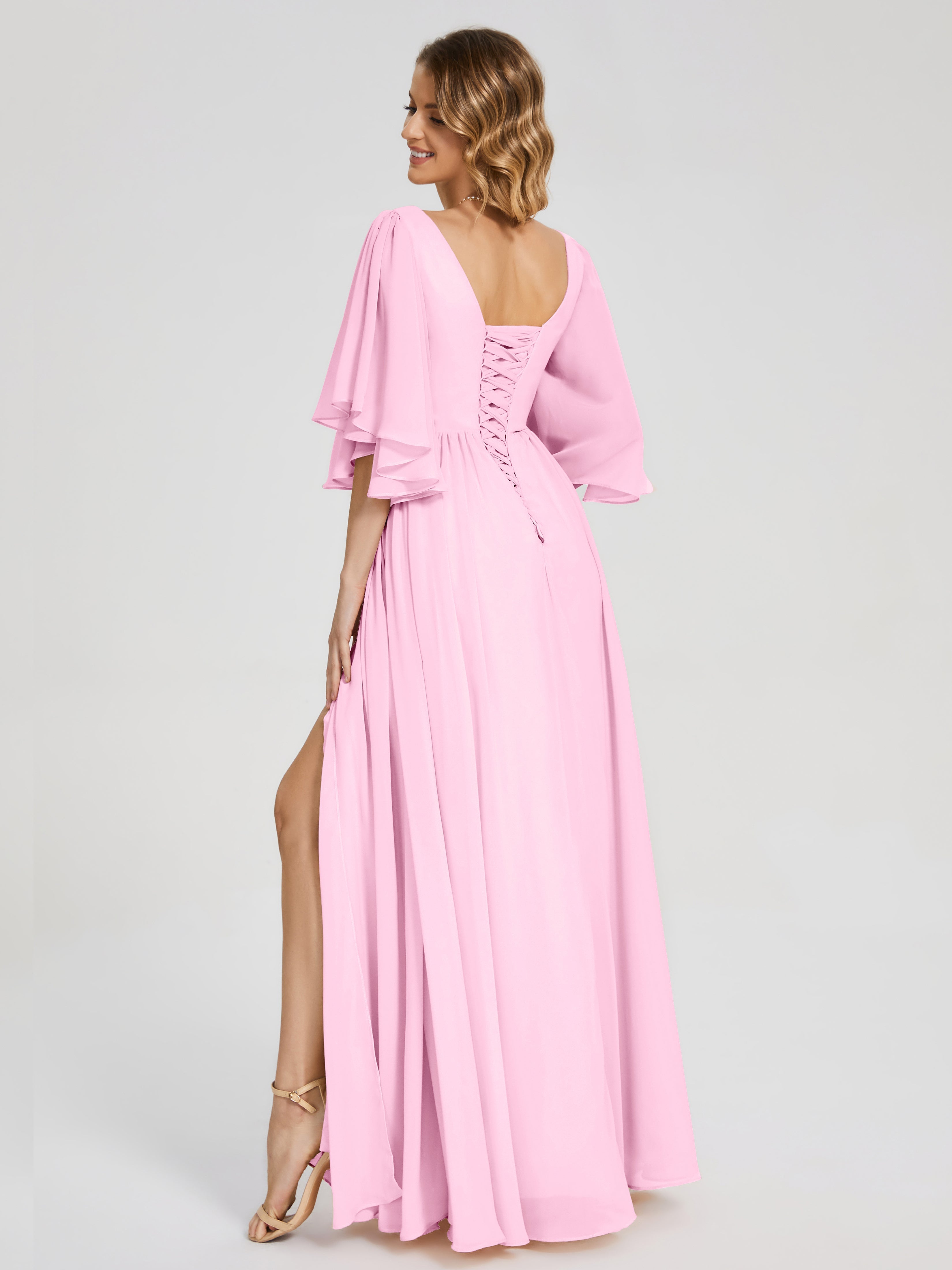 Robes De Demoiselle D'Honneur Rose Bonbon Demi Manches Mousseline Robes Demoiselle D'Honneur À Lacet