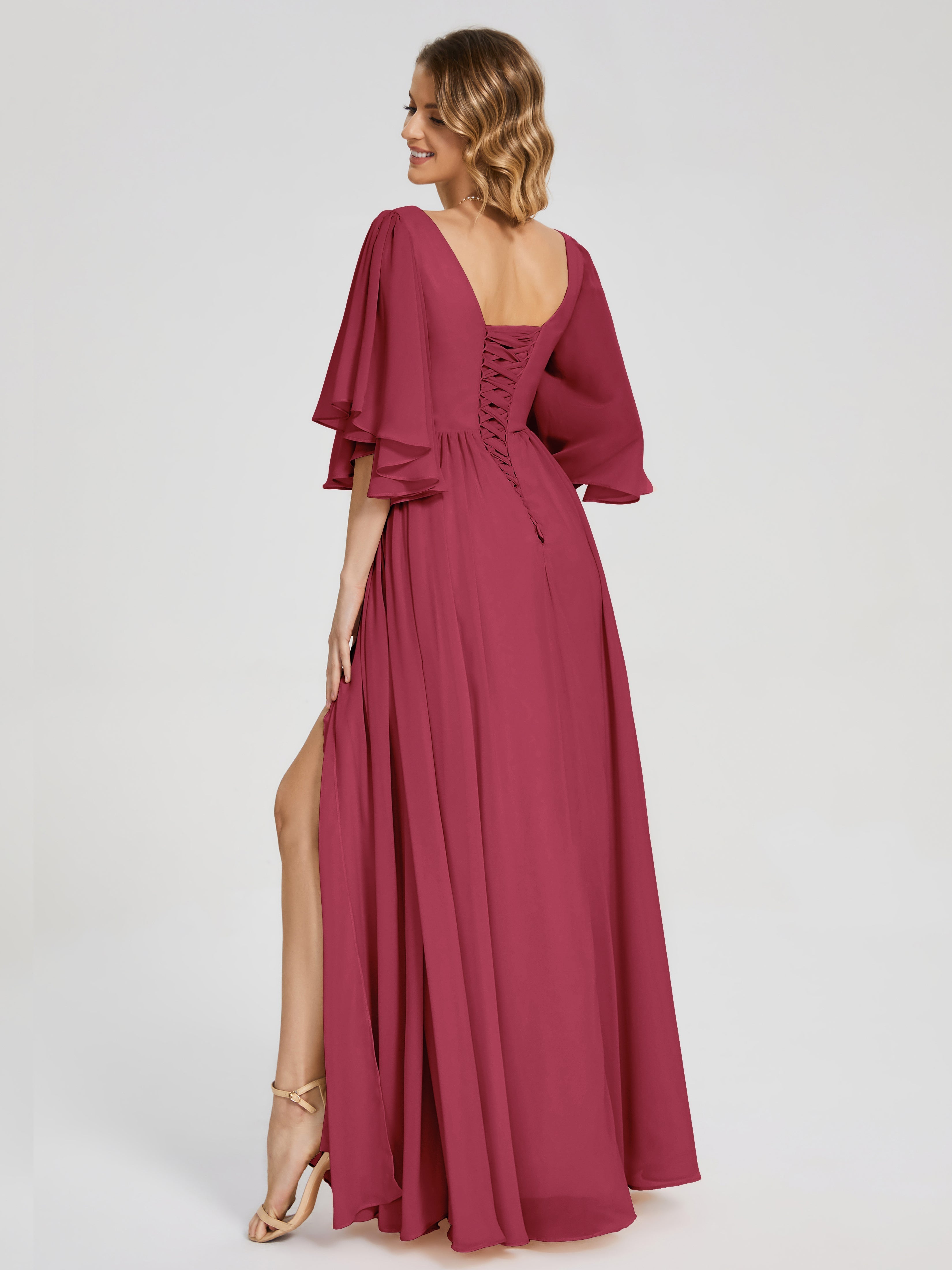 Robe Demoiselle D Honneur Rose Cannelle Demi Manches Mousseline Robes Demoiselle D'Honneur À Lacet