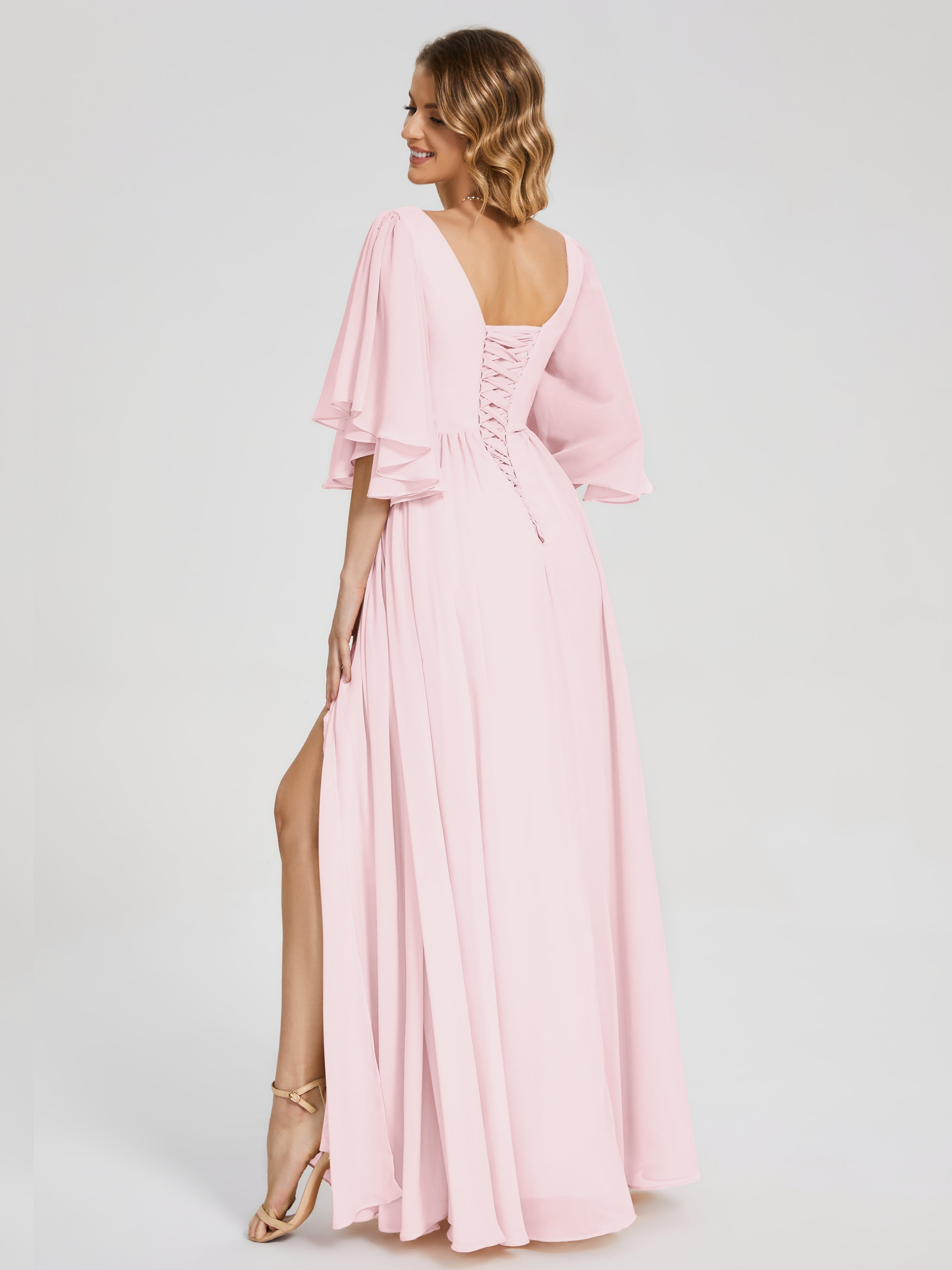 Robe De Demoiselle D Honneur Rose Pale Demi Manches Mousseline Robes Demoiselle D'Honneur À Lacet