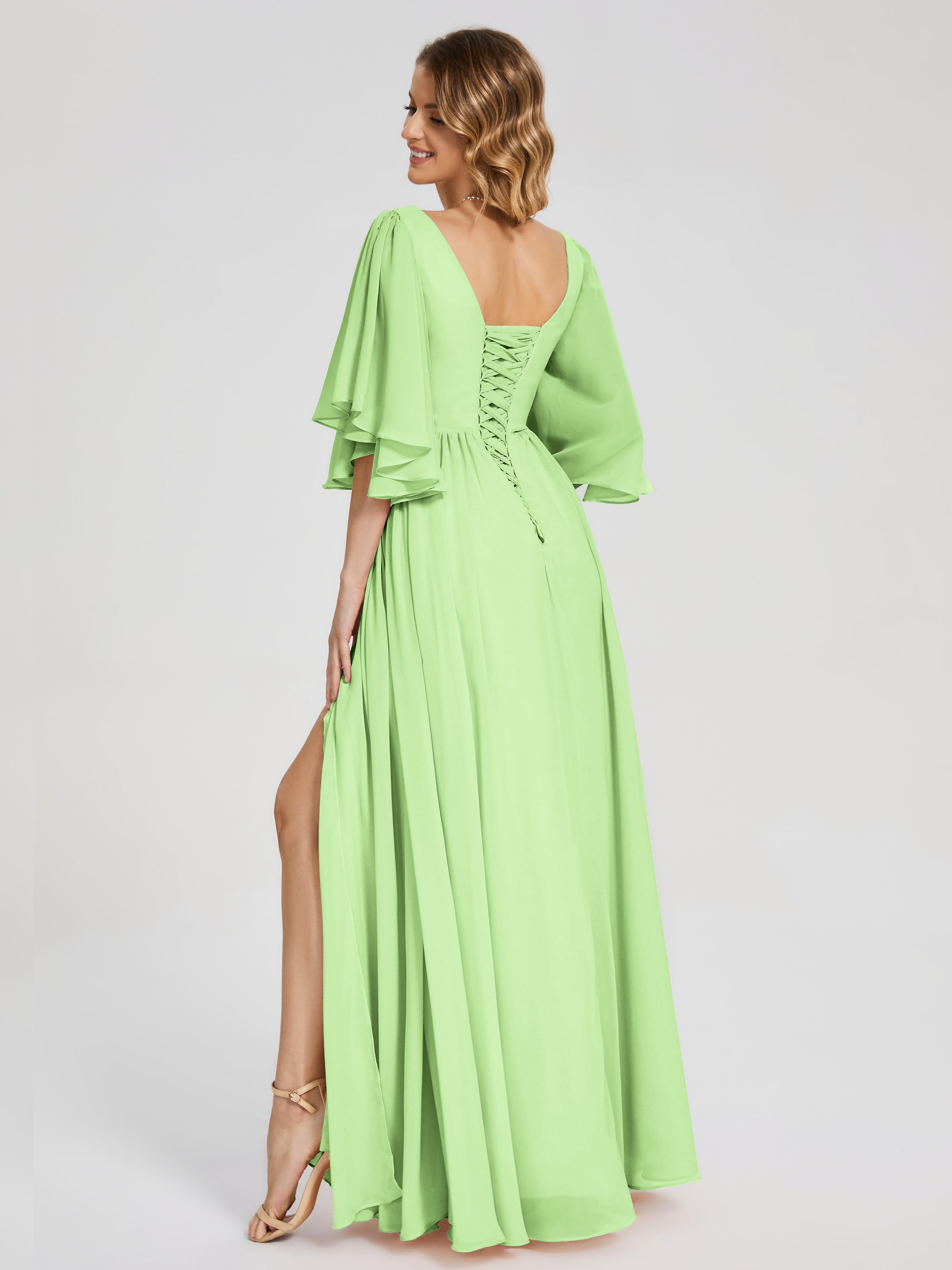 Demoiselle D'Honneur Vert Sauge Demi Manches Mousseline Robes Demoiselle D'Honneur À Lacet