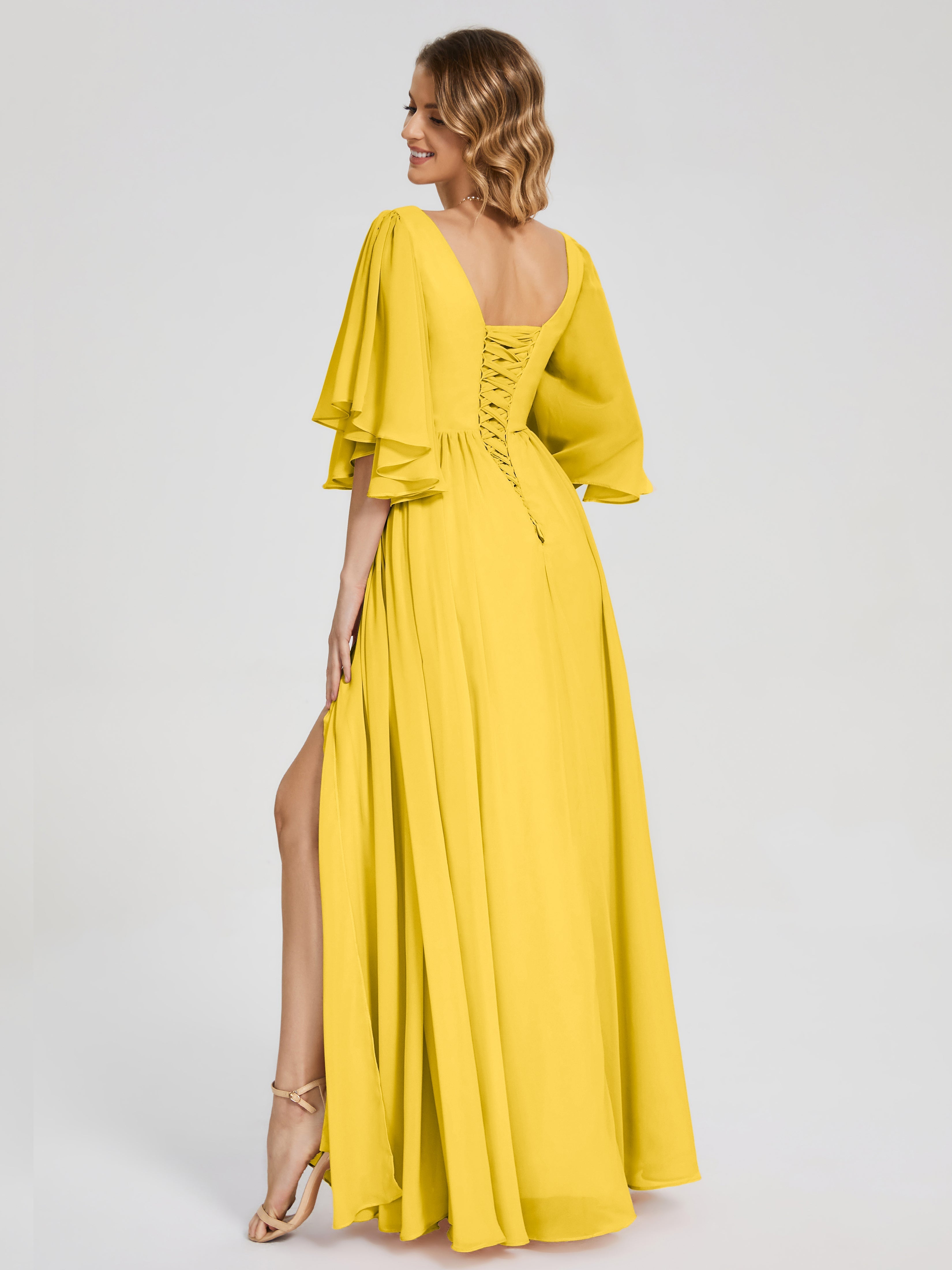 Robe De Demoiselle D'Honneur Souci Demi Manches Mousseline Robes Demoiselle D'Honneur À Lacet