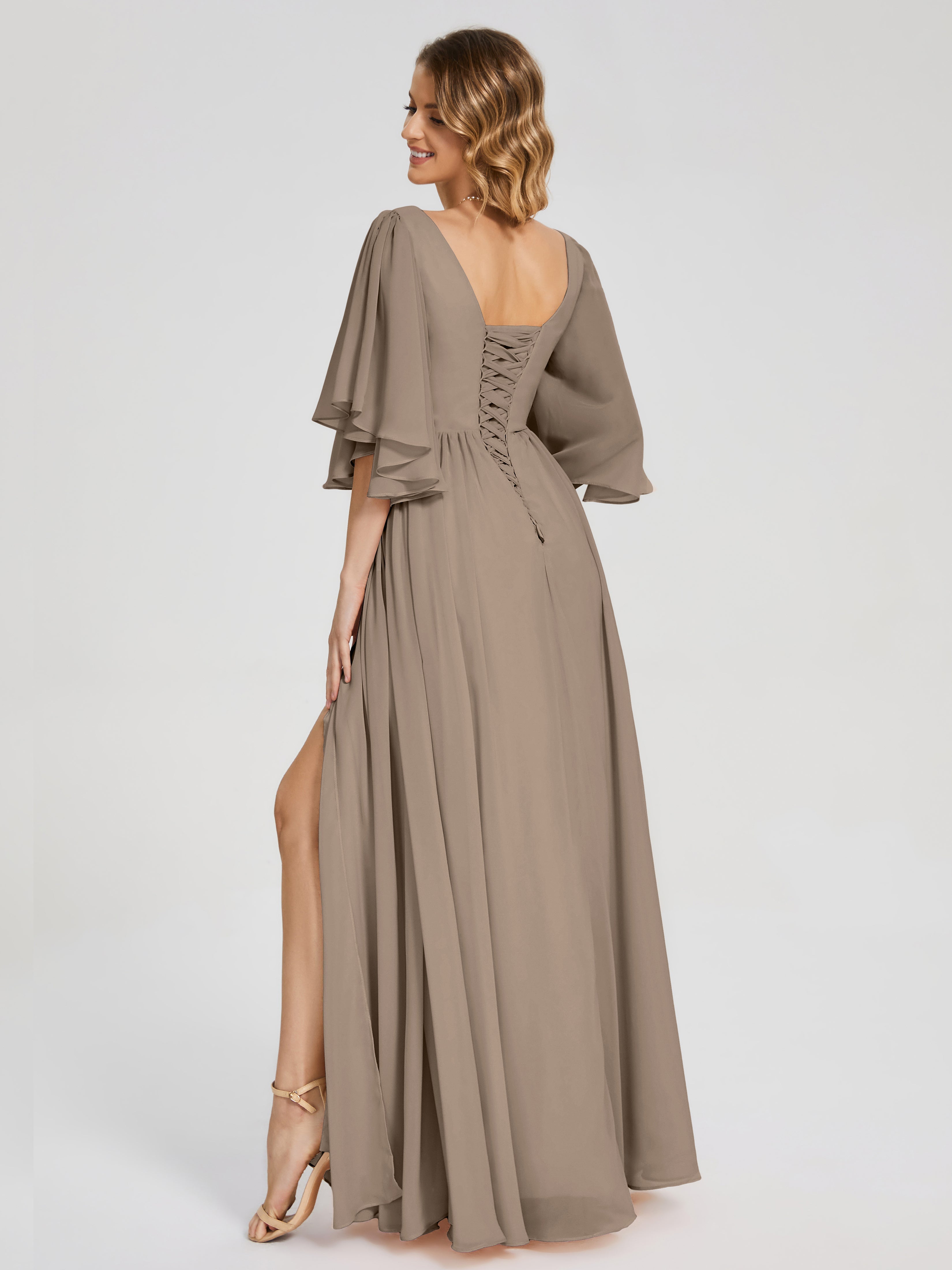 Couleur Taupe Robe Demi Manches Mousseline Robes Demoiselle D'Honneur À Lacet