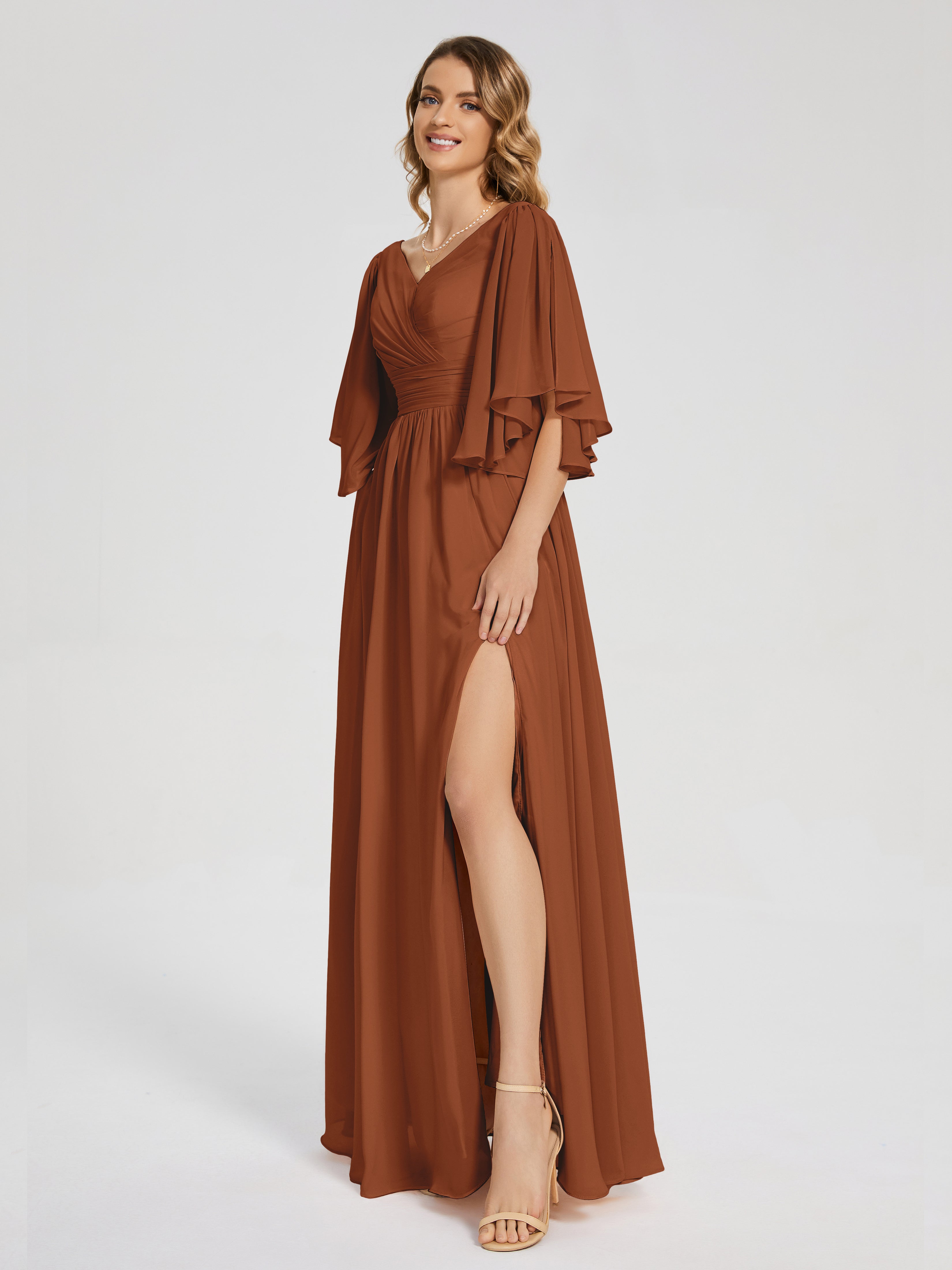 Robe Demoiselle D Honneur Terracota Demi Manches Mousseline Robes Demoiselle D'Honneur À Lacet