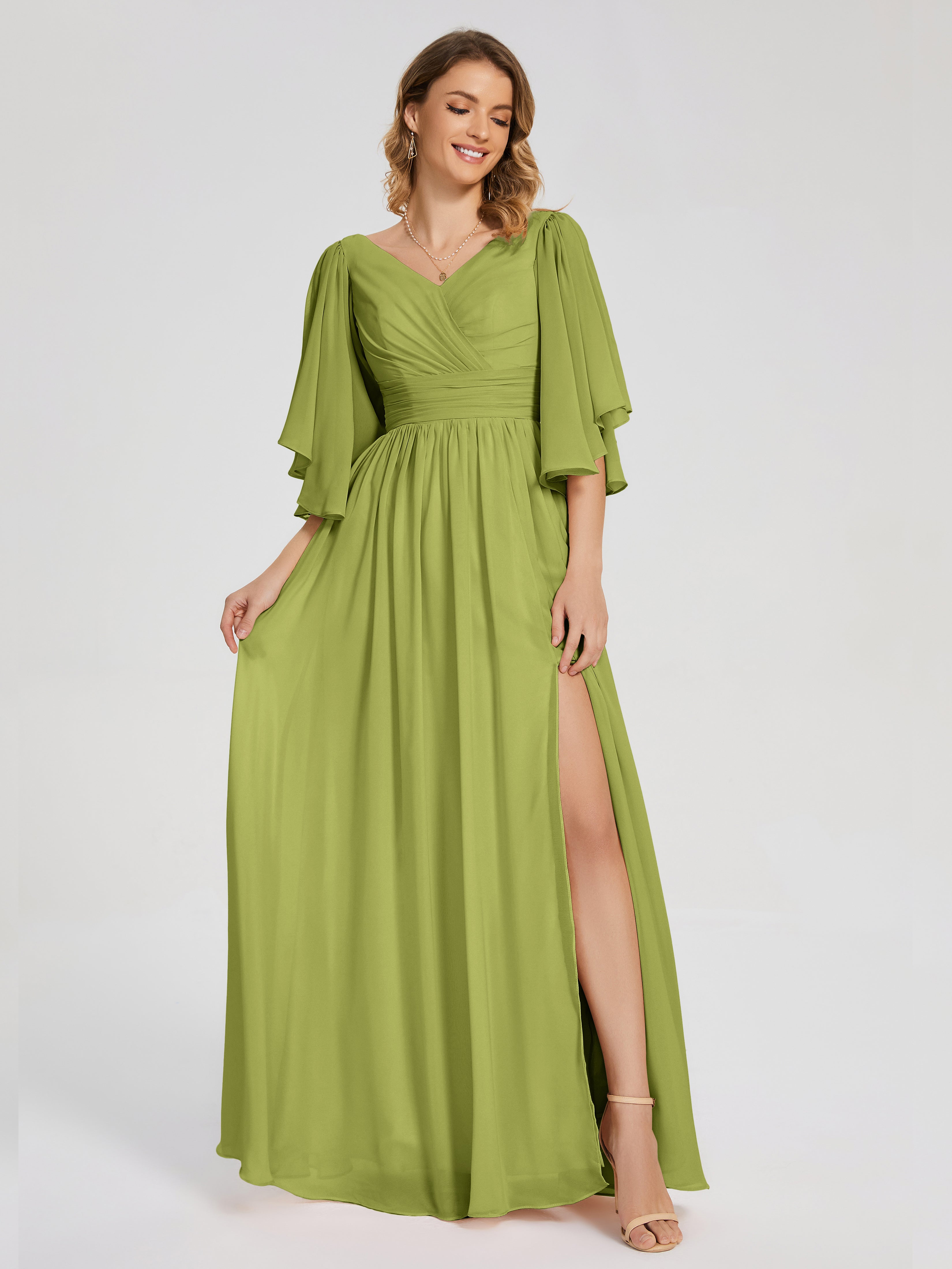 Robes De Demoiselle D'Honneur Trèfle Demi Manches Mousseline Robes Demoiselle D'Honneur À Lacet