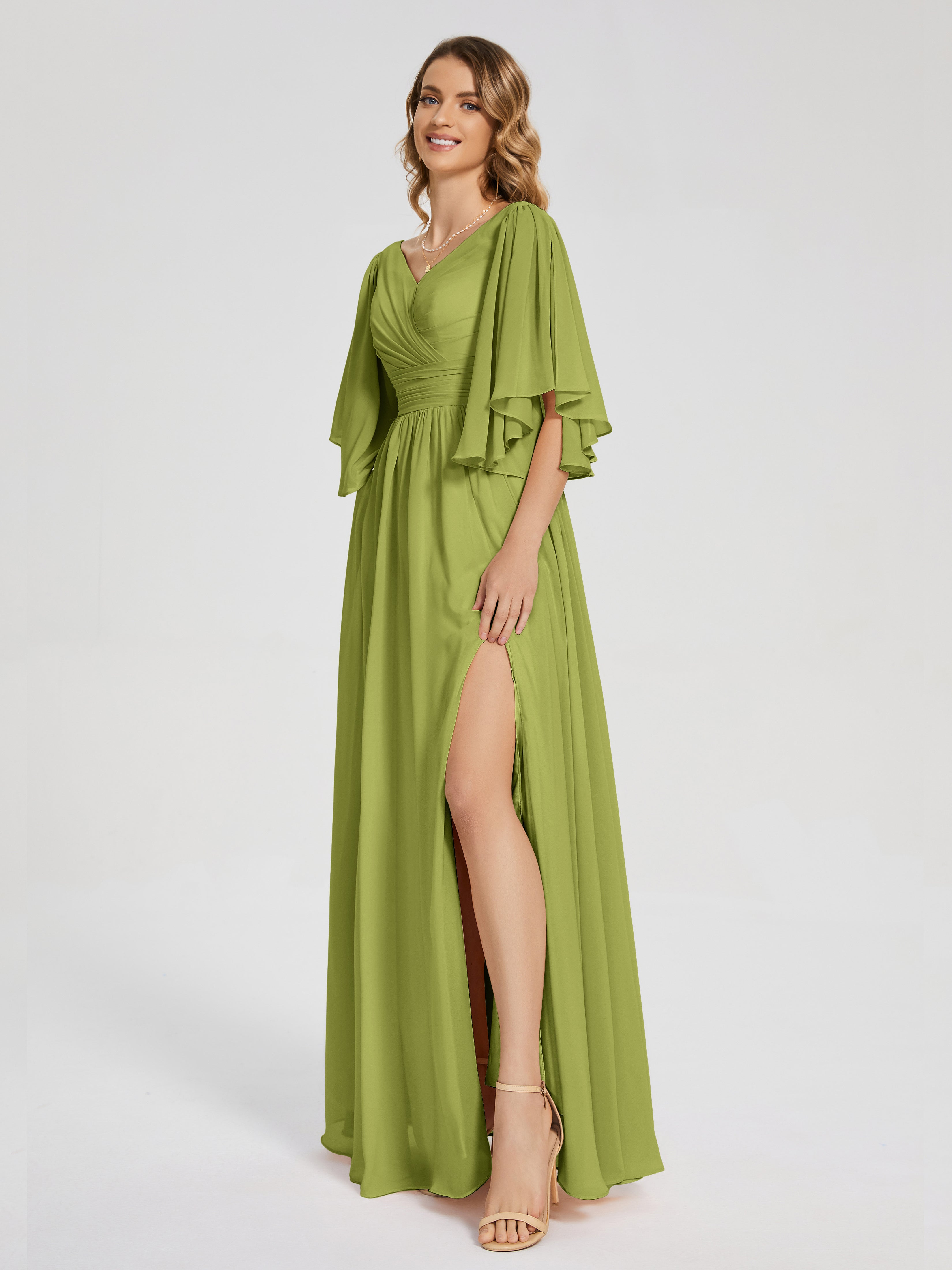 Robes De Demoiselle D'Honneur Trèfle Demi Manches Mousseline Robes Demoiselle D'Honneur À Lacet