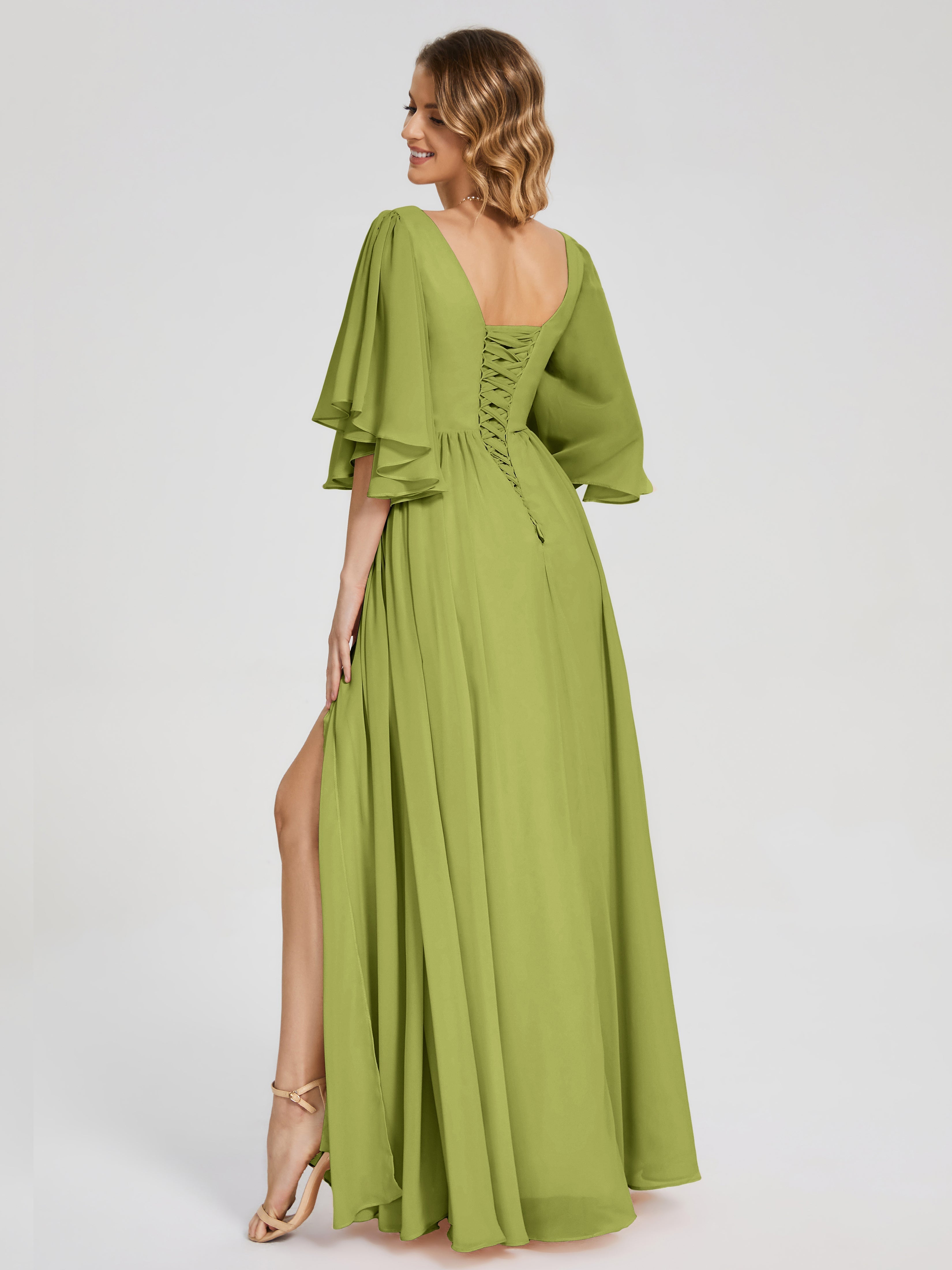 Robes De Demoiselle D'Honneur Trèfle Demi Manches Mousseline Robes Demoiselle D'Honneur À Lacet